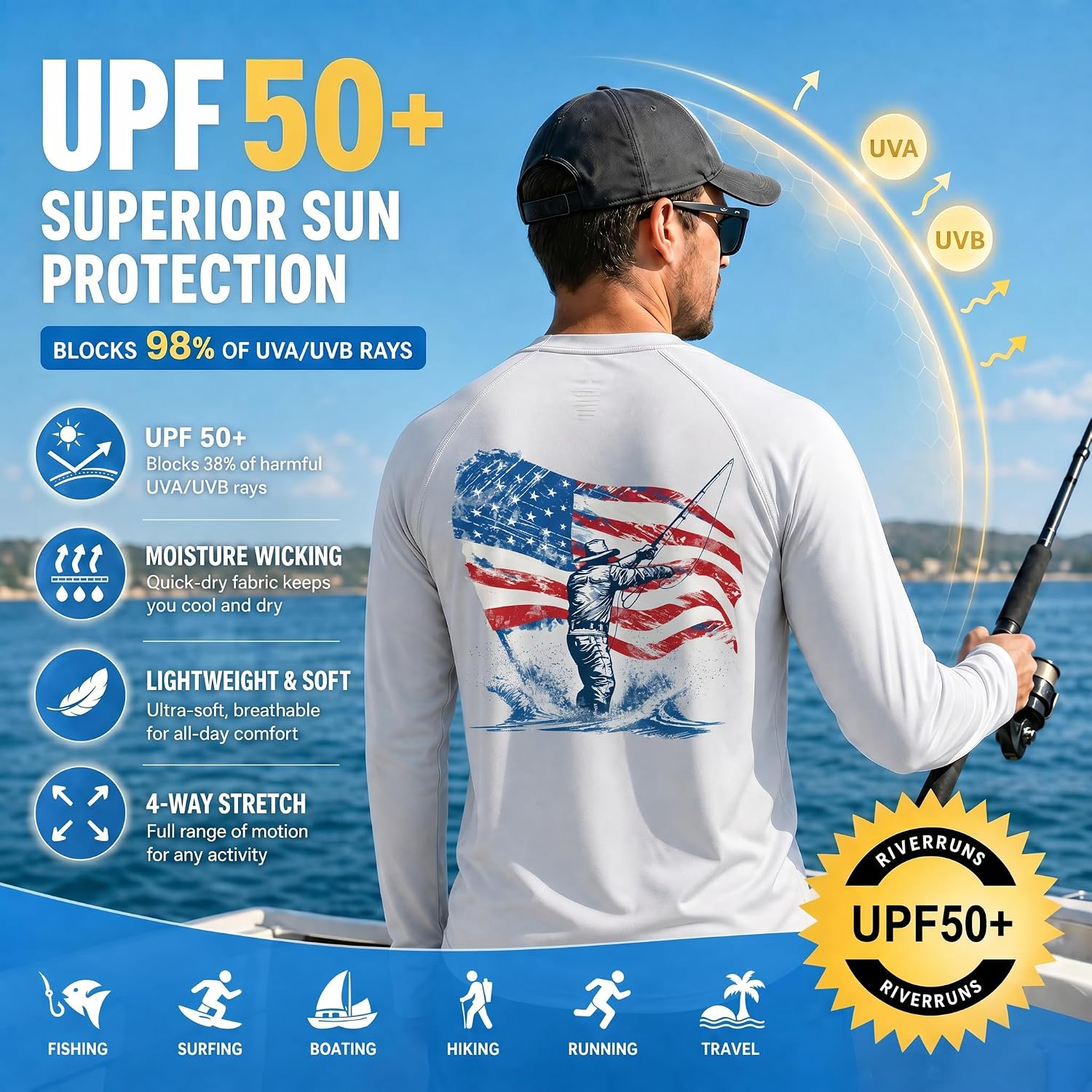 UPF 50+ Fishing Shirt for Men, Long Sleeve Sun Protection, Quick-Dry Rash Guard for Outdoors #1034