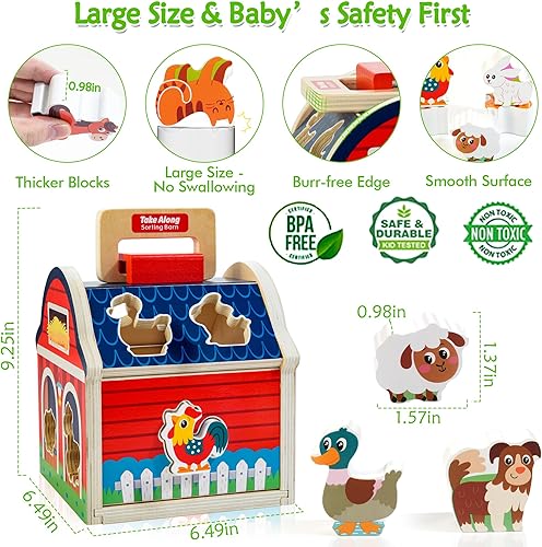 Miniatura 3 de Juguetes de animales de granja para niñas de 1, 2 y 3 años, juguete de madera para llevar con puerta, clasificador de formas, bloques de madera,