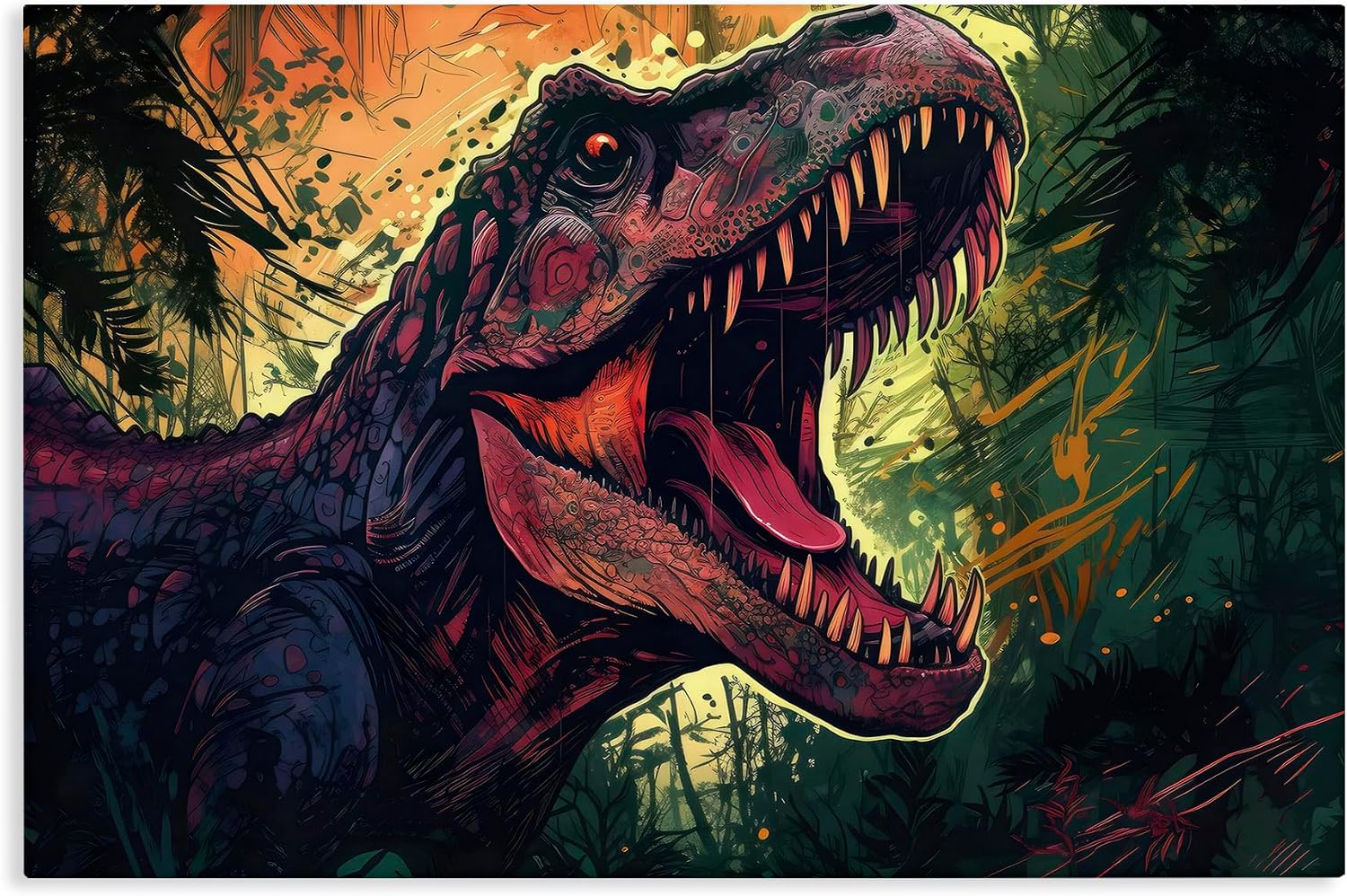 'Colorful T-Rex with Splatter'| Canvas Art | Stupell Industries | 30 x 20 Inches, Easy to Hang and Sturdy, Made in USA, by Creative Studio