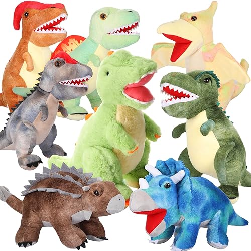 Leitee Juego de 8 piezas de animales de peluche de dinosaurio, juguetes de peluche de dinosaurio a granel, surtido suave de tiranosaurio,