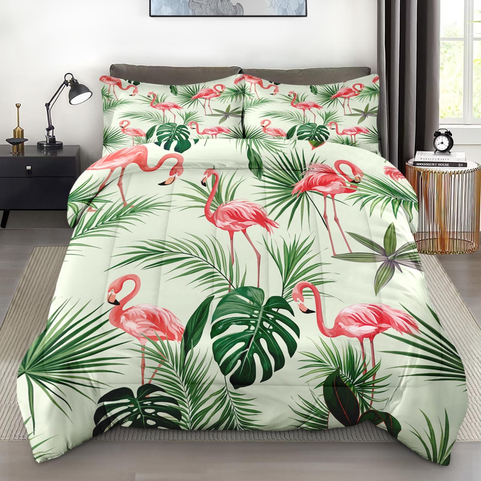 Pamnest Comforter Set Queen Size, Palm Leaf Leaves Floral Soft 3 Pcs Bedding for Kids and Adults, Pink Flamingo Flower Comforter Set with Pillowcase,