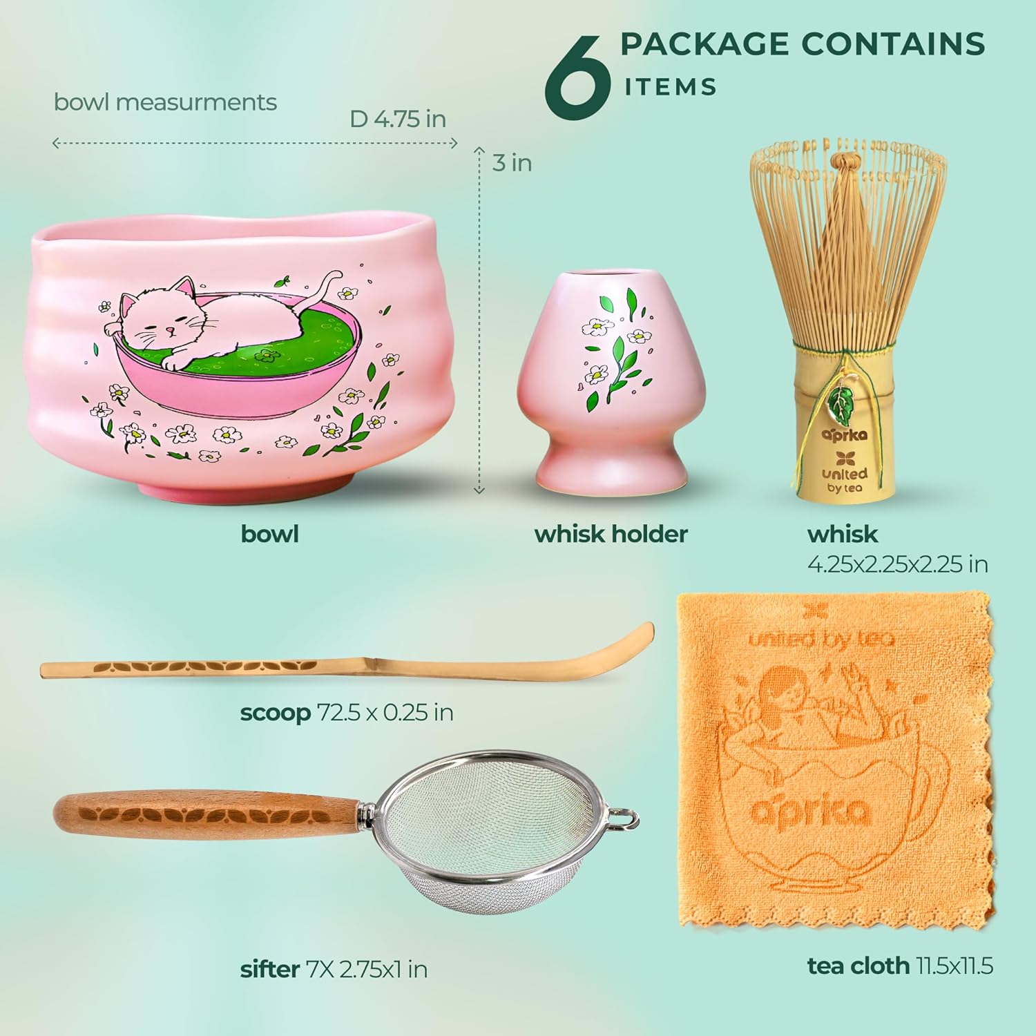 Matcha Gift Set 6 Pcs – Ceramic Bowl, Bamboo Whisk, Whisk Holder, Scoop, Sifter & Cloth – Traditional Japanese Set for Green Tea by Aprika Matcha (Pink with Cats)