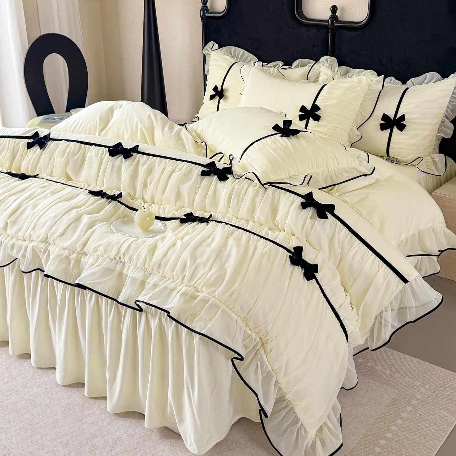 Ruffle Beddding Set with Bowtie,Girls Lace Bedding,Full Comforter Cover Set, Chic Ruffled Duvet Cover with Lovely Bow,Princess Style 1 Duvet Cover with 2 Pillowcases, No Comforter