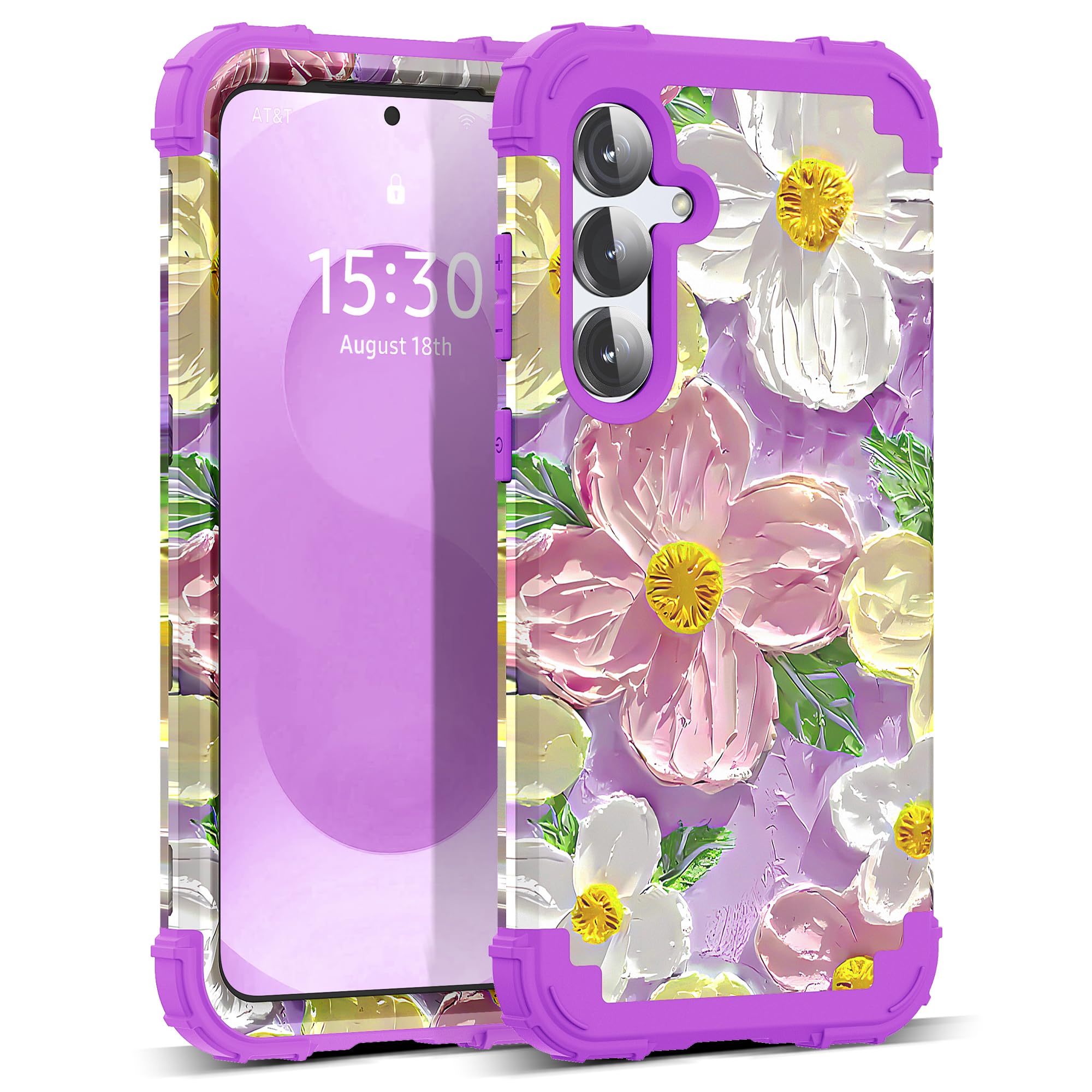 SleekCover for Galaxy S25 5G Case,3 in 1 Oil Painting Flower Pattern Heavy Duty Shockproof Protection Silicone Rubber Bumper+Hard Plastic Protective