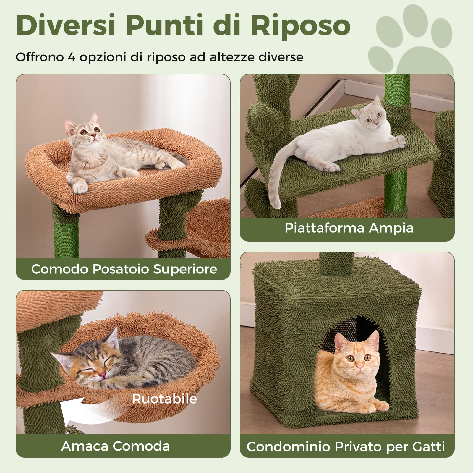 COSTWAY Tiragraffi per Gatti Moderno, Torre per Gatti Estetica a Forma di Cactus con Ripiano, Condo, Amaca, Posti per Graffi in Sisal e Cuscino Lavabile, Albero per Gatti Adulti e Cuccioli
