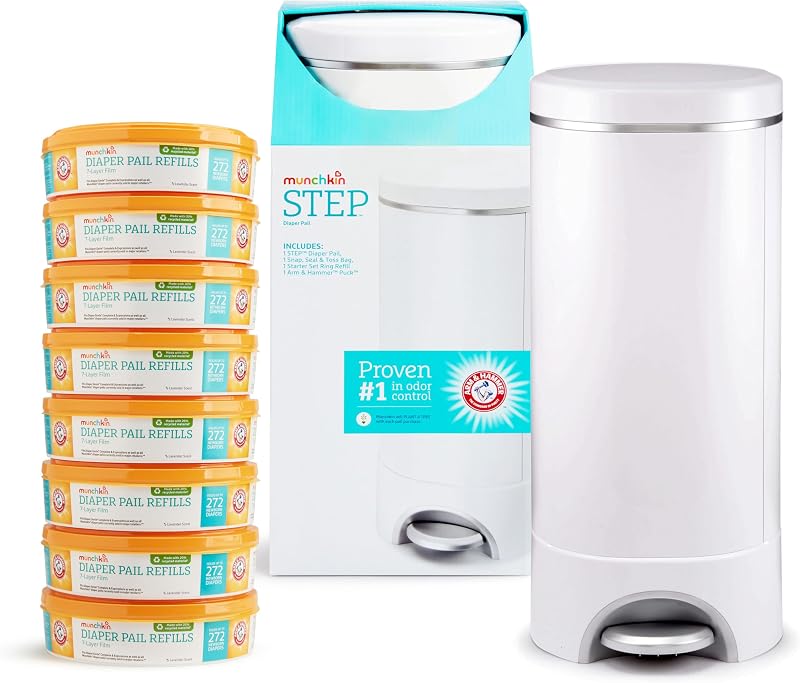 Cubo para pañales Step™ impulsado por Arm & Hammer, n.° 1 en control de olores, galardonado, incluye 1 bolsa Snap, Seal & Toss™, 8 anillos de repuesto, 1 anillo de repuesto inicial y 1 cartucho de bicarbonato de sodio Puck™