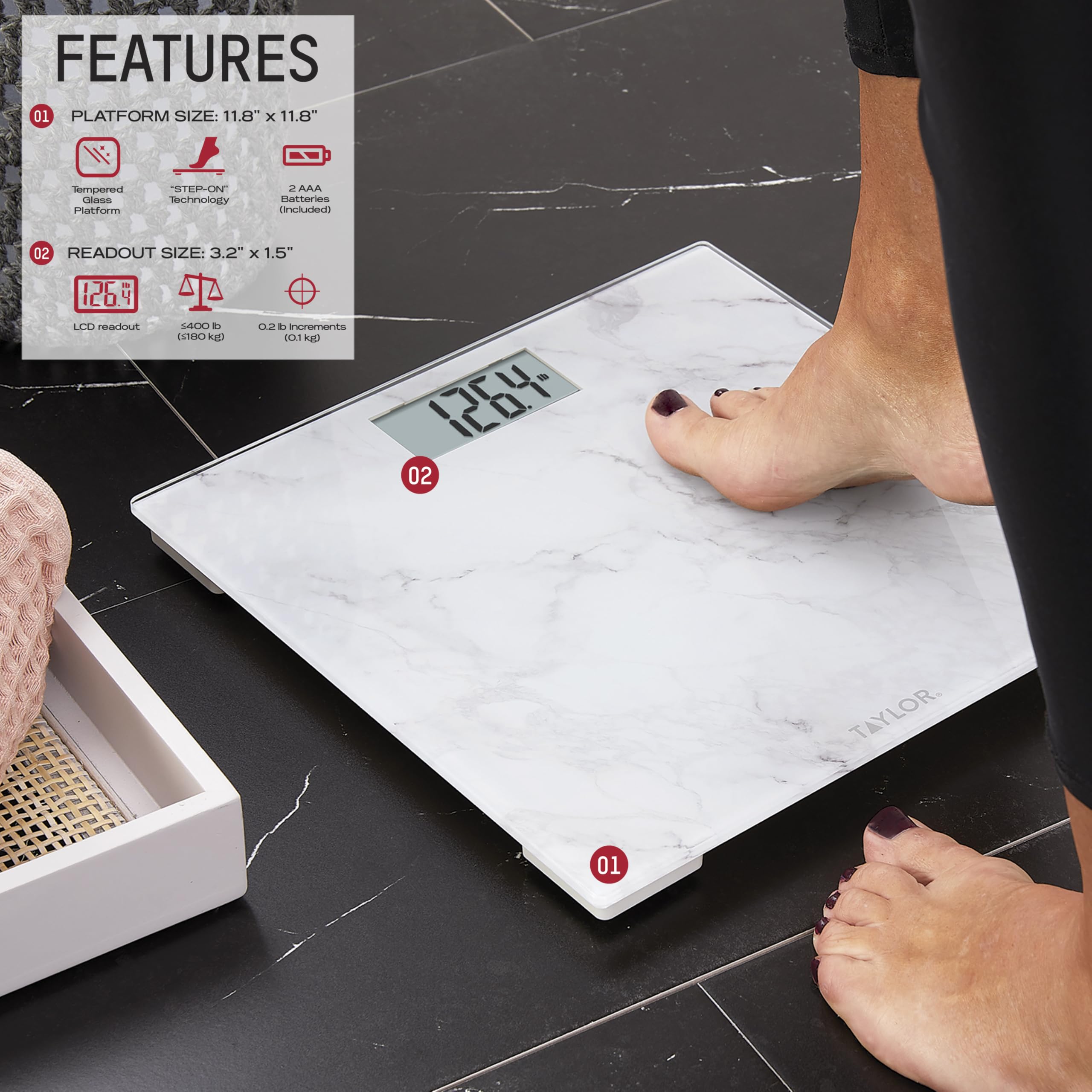 Taylor Bilancia pesapersone digitale in vetro e marmo, bilancia per il peso corporeo, altamente precisa, alimentata a batteria, idonea FSA HSA, misura peso fino a 181,4 kg, bianco