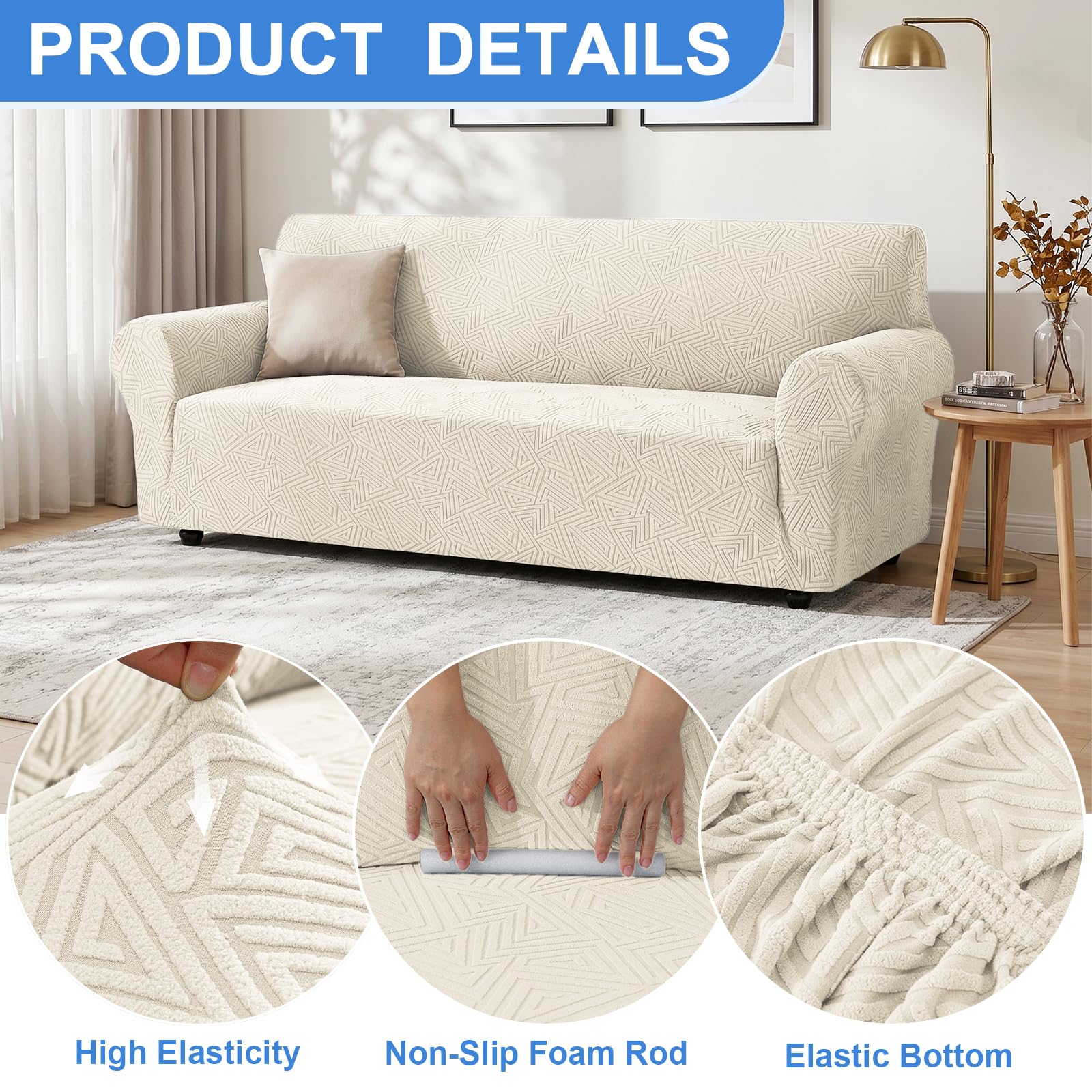 Ystyle Stretch Sofa Überzug 3 Sitzer, Beige | Elastisch Couch Überzug mit Armlehnen, Moderne Sofaschoner Rutschfest, Sofaschutz für Hunde Katze, für Wohnzimmer