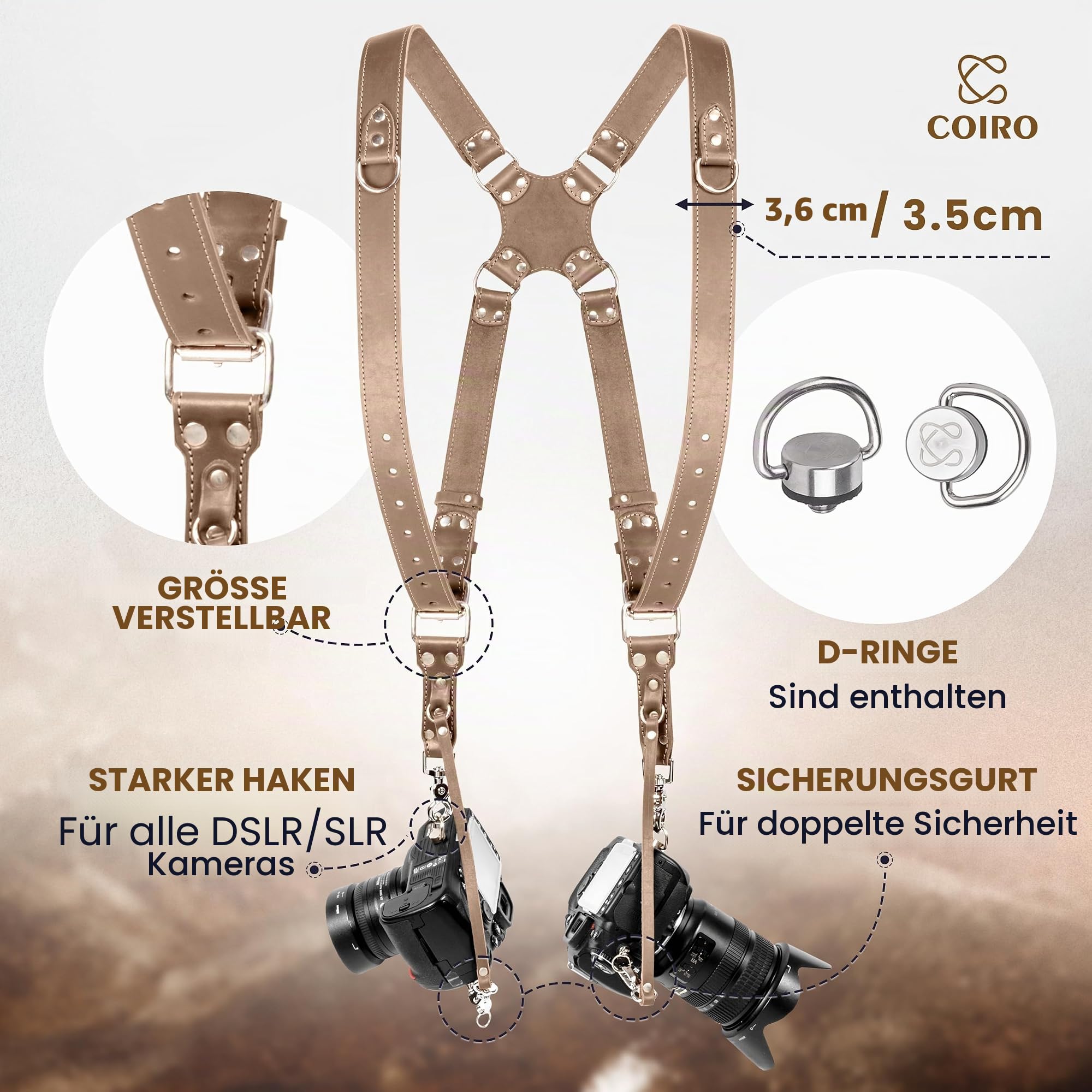 C Coiro Kamera-Gurt für 2 Kameras – Doppelschulter Leder-Kamera-Gurt – Doppel-Kamera-Gurt für DSLR/SLR