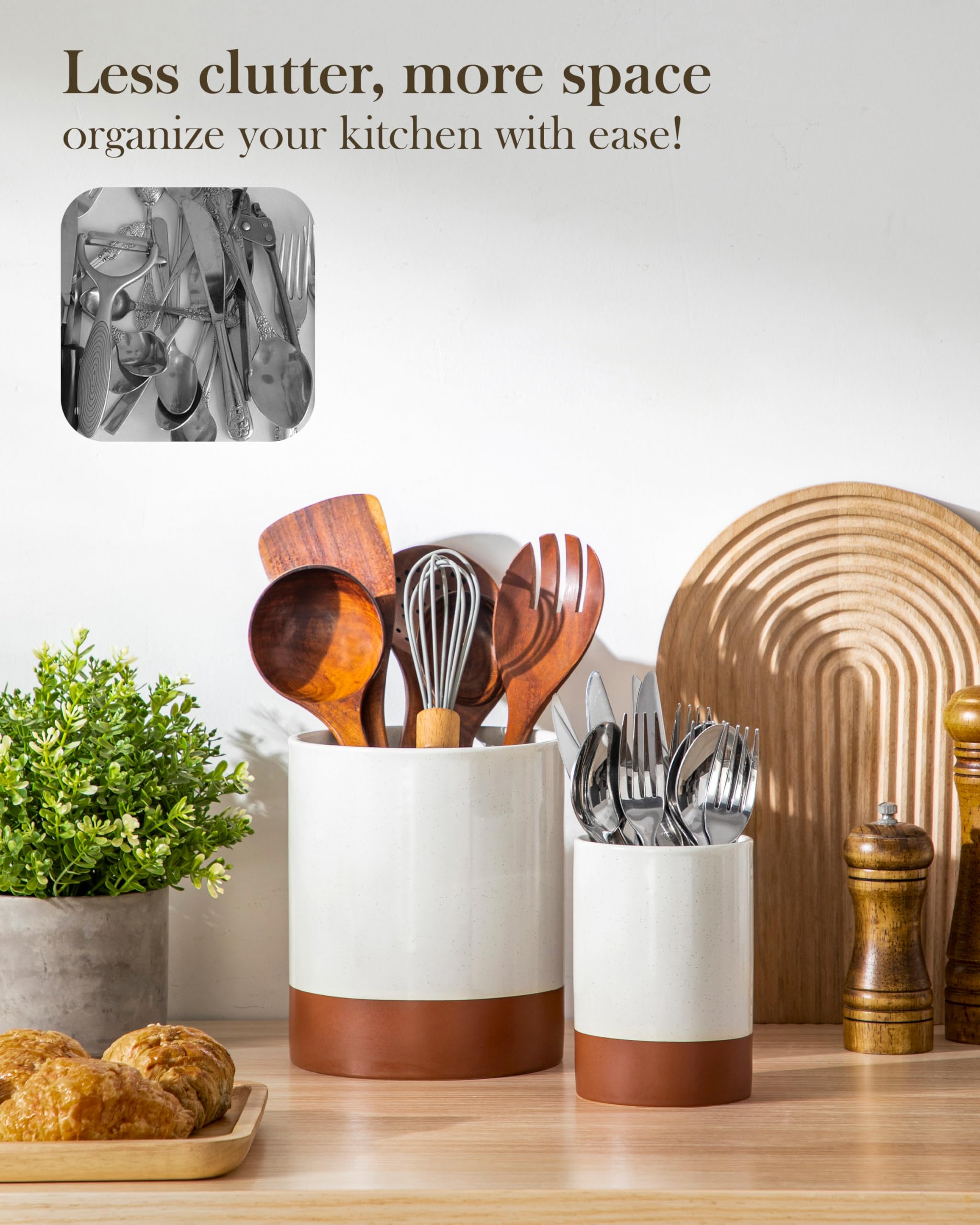 MALACASA Lot de 2 grands porte-ustensiles de cuisine en céramique pour comptoir, 18,5 cm + 14 cm, grands pots à ustensiles de cuisine pour comptoir de cuisine, organisateur d'ustensiles de ferme