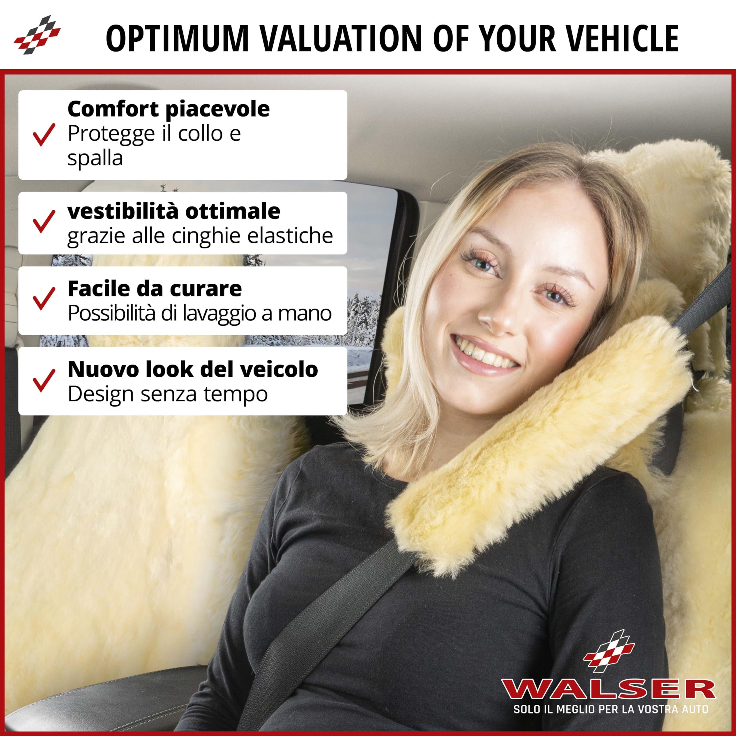 Walser Cuscinetto per Cintura di Sicurezza Auto Millie in Pelle di Agnello, 2 Pezzi Protezione Cintura di Sicurezza-Auto Nero