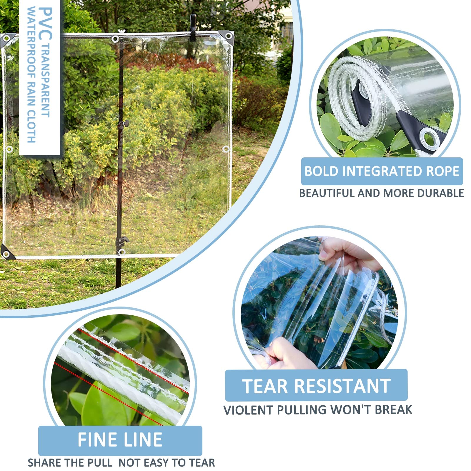 Lona transparente de 3 m x 4 m, 5 m x 6 m, cubierta impermeable de PVC, lona transparente resistente de 400 g/m², lona impermeable para muebles, caravanas, cobertizos, plantas, toldo para acampar a