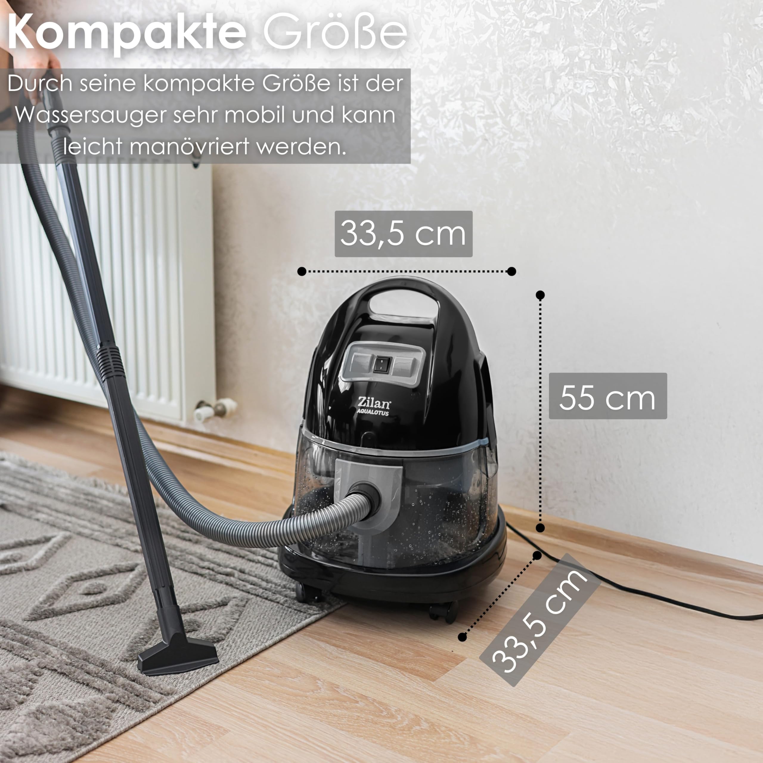 Zilan Aspirateur avec filtre à eau sans sac H20 - Puissance d'aspiration 2000 W - Aspirateur sans sac - Tuyau à 360° - Convient pour les personnes allergiques - Convient pour tous les sols et tapis