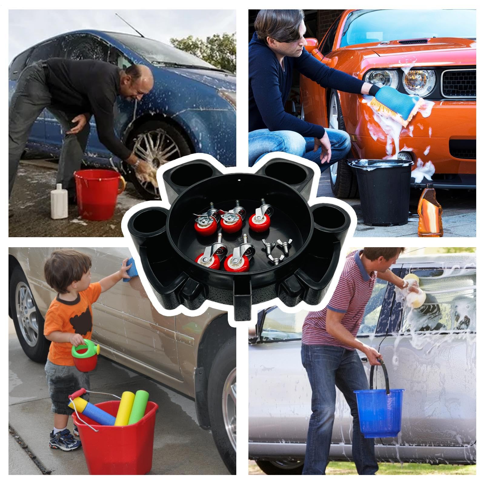 Base de cubo de lavado de coche – Cubo de lavado móvil sentado con 5 | ruedas – Rodillo de lavado fácil de empujar, herramientas resistentes para detallar, encerar