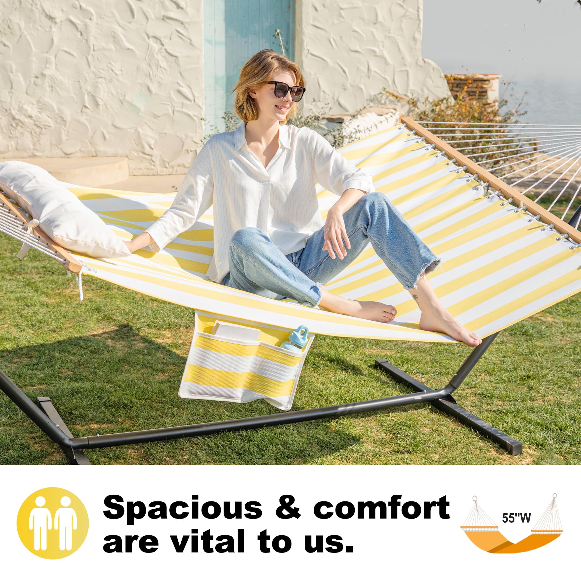 Gafete Hamaca impermeable con soporte incluido para exteriores de 2 personas, hamacas dobles de textileno de secado rápido de 55 pulgadas, soporte resistente de 12 pies, almohada extraíble, bolsas