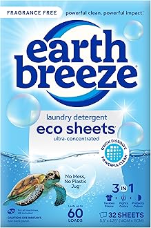 Earth Breeze Laundry Detergent Sheets Fragrance-Free - 60 Loads Eco Liquidless Soap - Travel-Friendly for Hot & Cold Cycles, Tackles Tough Stains & Odors - Gentle on Sensitive Skin, 30 Ct