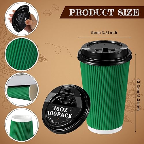 Miniatura 2 de Tioncy 100 tazas de café desechables con tapas, tazas de papel, onduladas corrugadas, aisladas en la pared, tazas calientes con tapas para café,