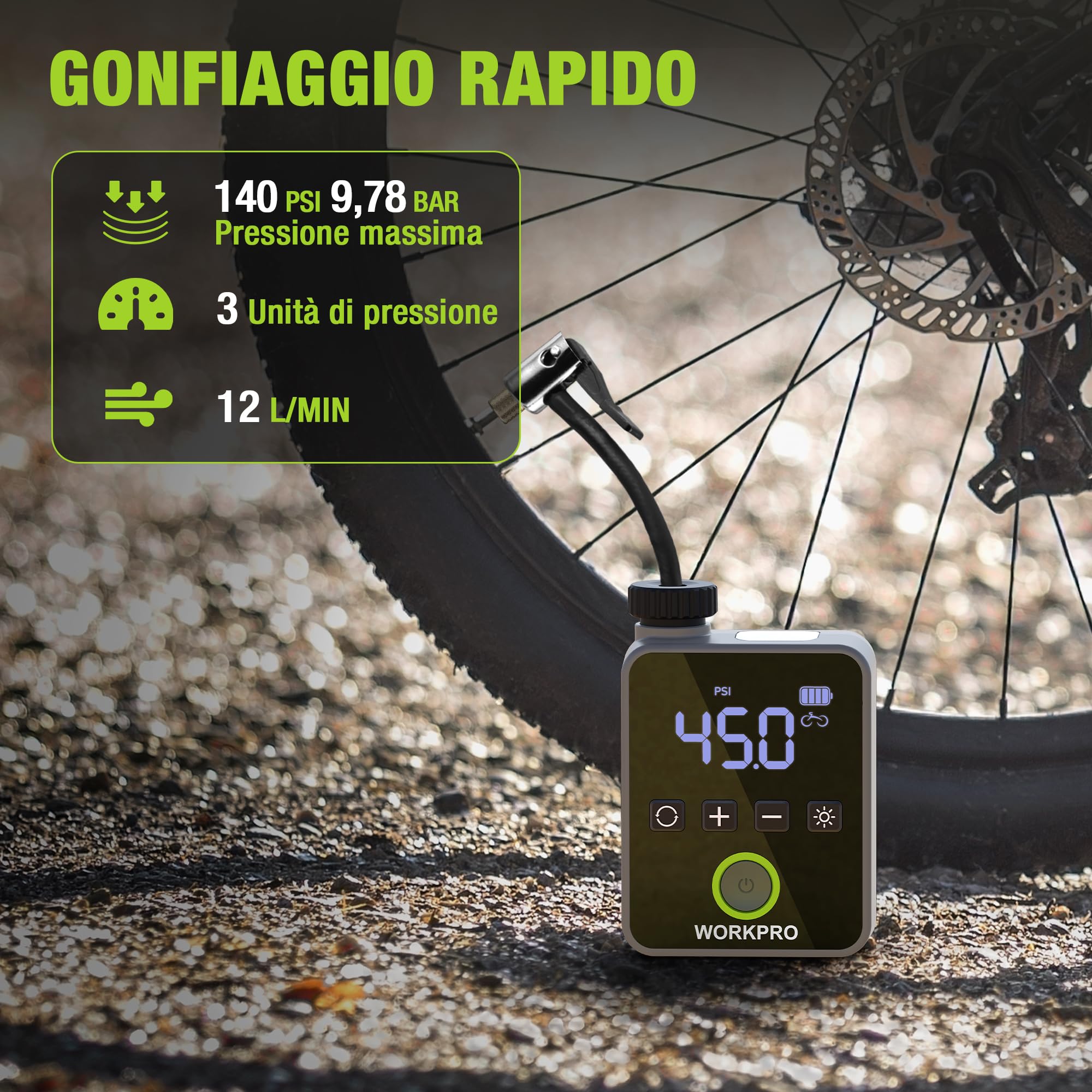 WORKPRO Mini Compressore Portatile 140 PSI, Pompa Elettrica Ricaricabile per Biciclette, Moto e Palloni, con Display LED e Luce Integrata