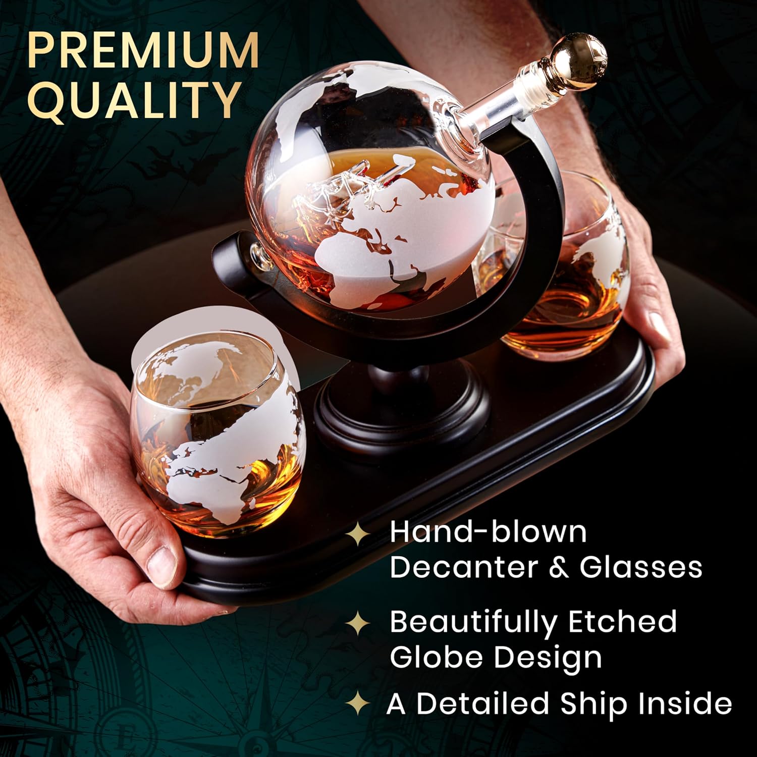 Globe Whiskey Decanter Gift Set by Royal Reserve | Etched World Map Globe Decanter 29 oz 850 ml with Glasses for Bourbon, Liquor – Whiskey Gifts for Men Dad Boyfriend Husband - Image 3