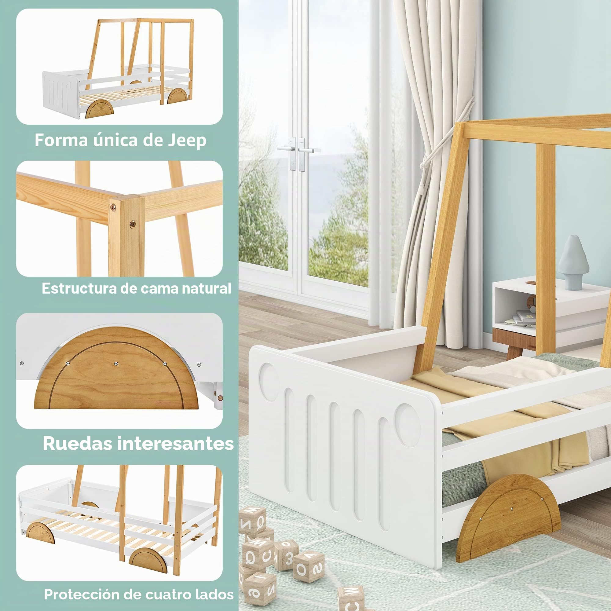 Lexiou Cama para coche Jeep con ruedas de MDF, marco de pino