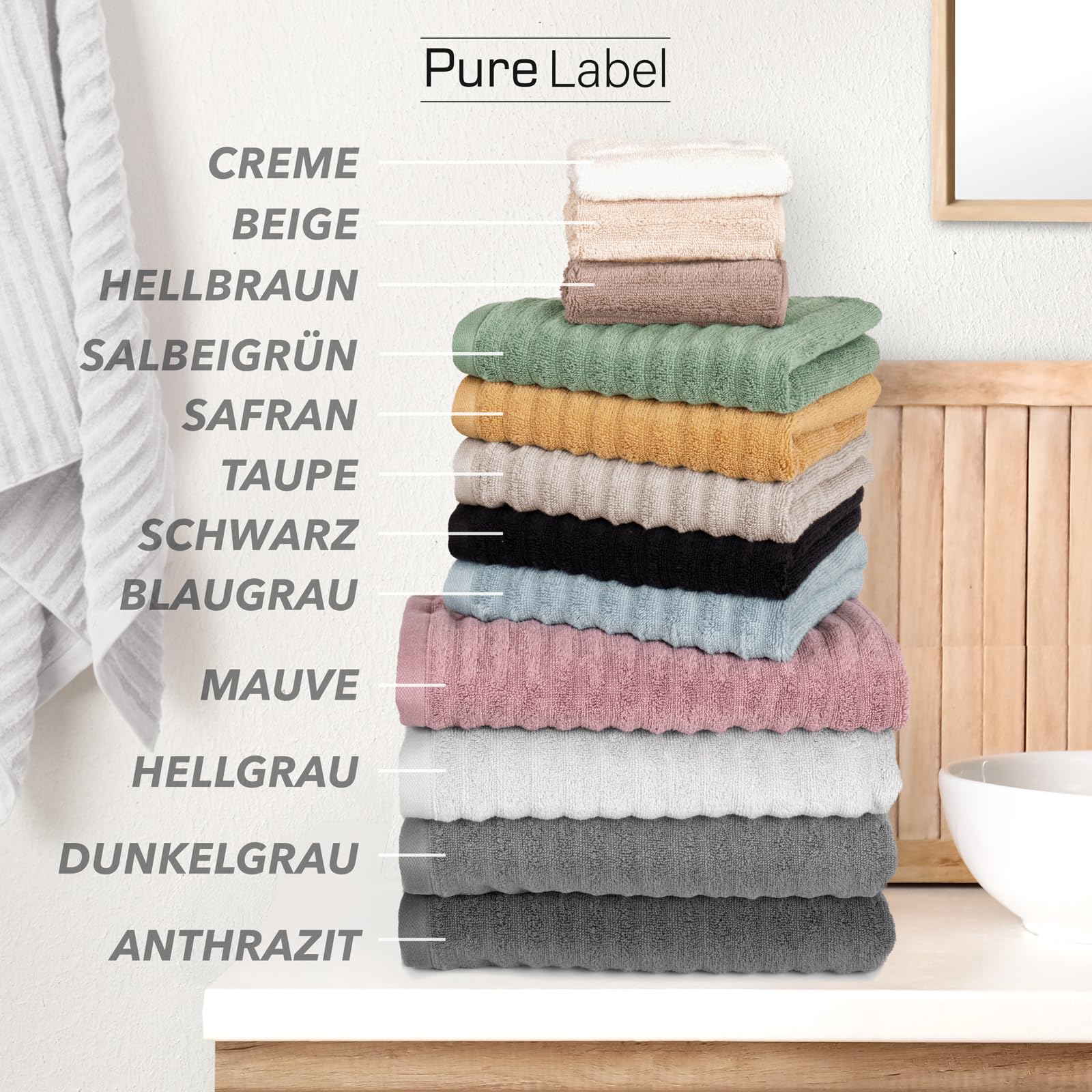 Pure Label 10-TLG. Handtücher Set aus 100% Baumwolle, saugstark, weich - 2X Badetuch 70x140cm 4X Handtuch 50x100cm 4X Gästetuch 30x50cm, Taupe