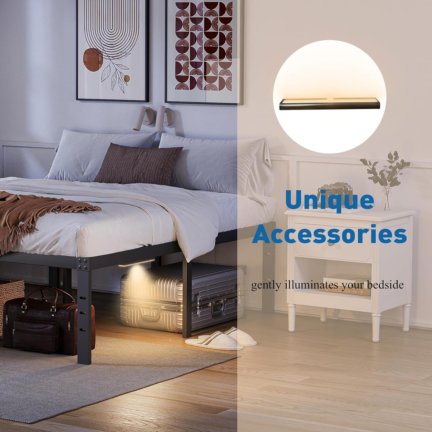 Letto matrimoniale compatto con cassetto | Illuminazione LED | Bianco moderno | 140 x 200 cm