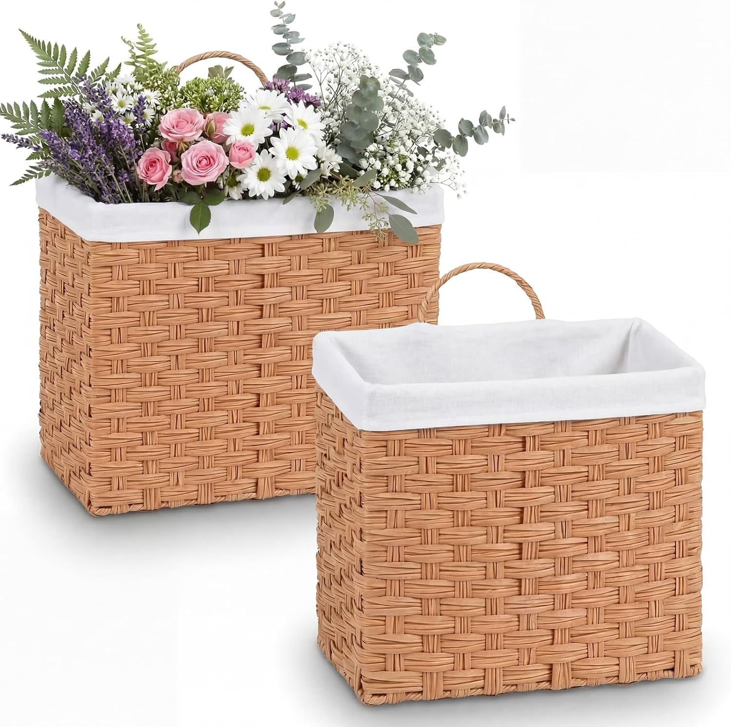 Novabright Set of 2 Wicker Hanging Basket Grey Woven Wall Baskets with Handle Liners for Front Door Organizing Mail Flower Wall Storage Basket for Farmhouse Home Decor Kitchen Bathroom Toilet Tank Top