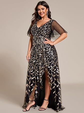 Ever-Pretty Women's Plus Size Sequin Formal Evening Dress A Line High Low Slit V Neck Prom Black Tie Masquerade Dresses