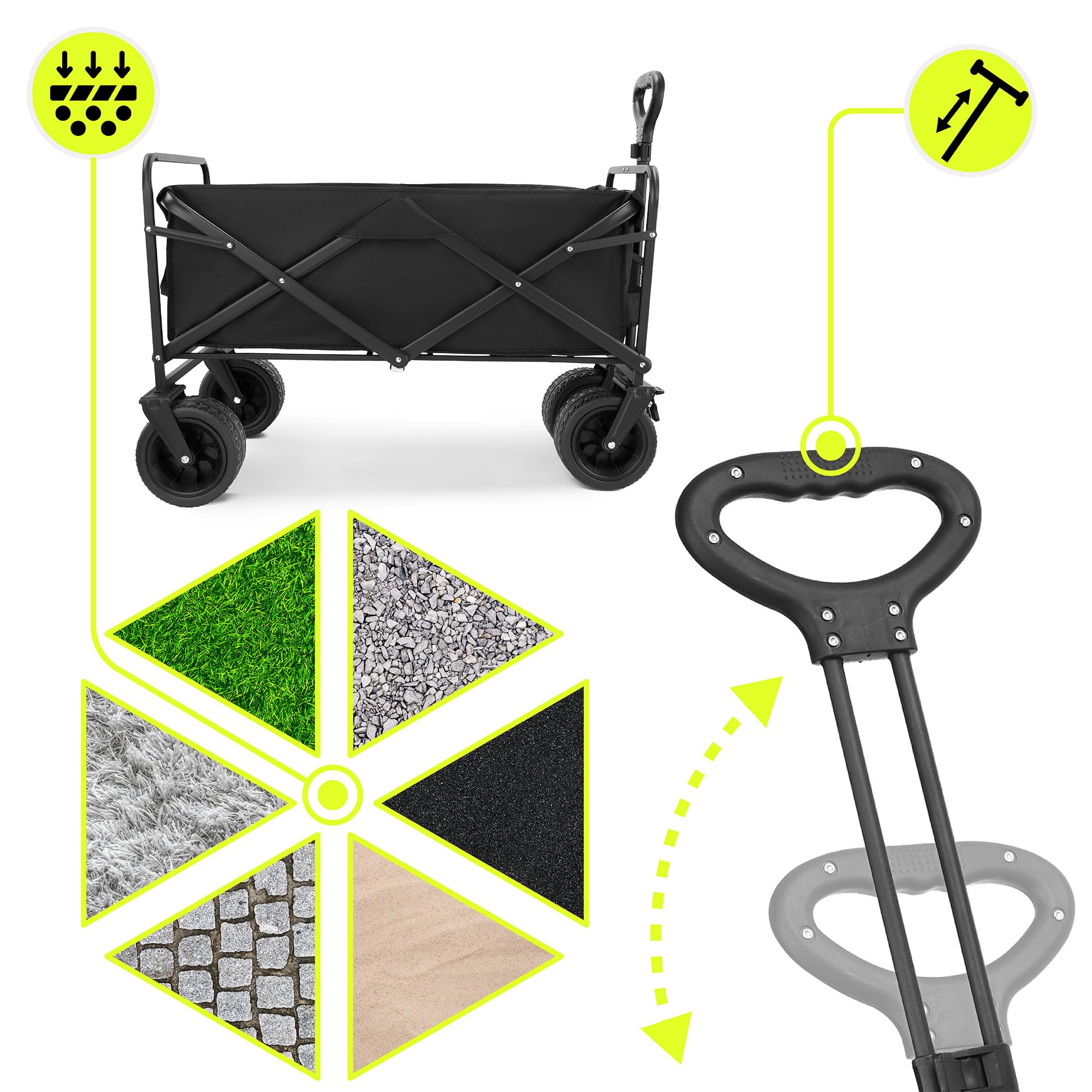 Hypermotion Carrello Spiaggia Pieghevole 100l, Carrellino con Ruote Grandi Girevoli a 360°, Carrello da Giardino 120 kg, Chiusura rapida, Carretto Spiaggia, Resistente agli Agenti Atmosferici