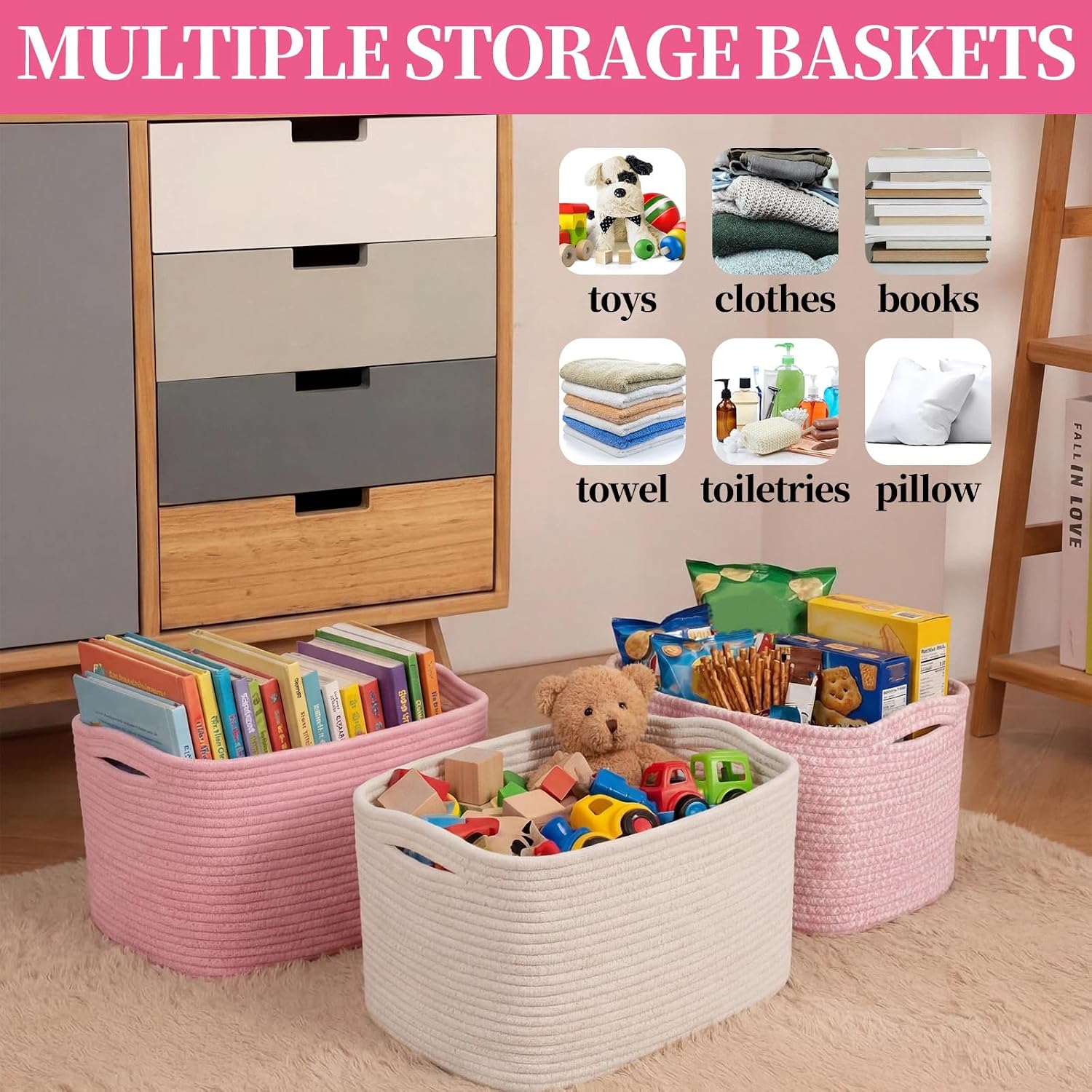 Junkin 3 Pack Pink White Baskets with Handles Rectangle Cotton Rope Storage Shelf Organizer Nursery Storage Bin Diaper Caddy Organizer for Baby Shower Closet Bedroom Registry, 15 x 10 x 8.7 Inch