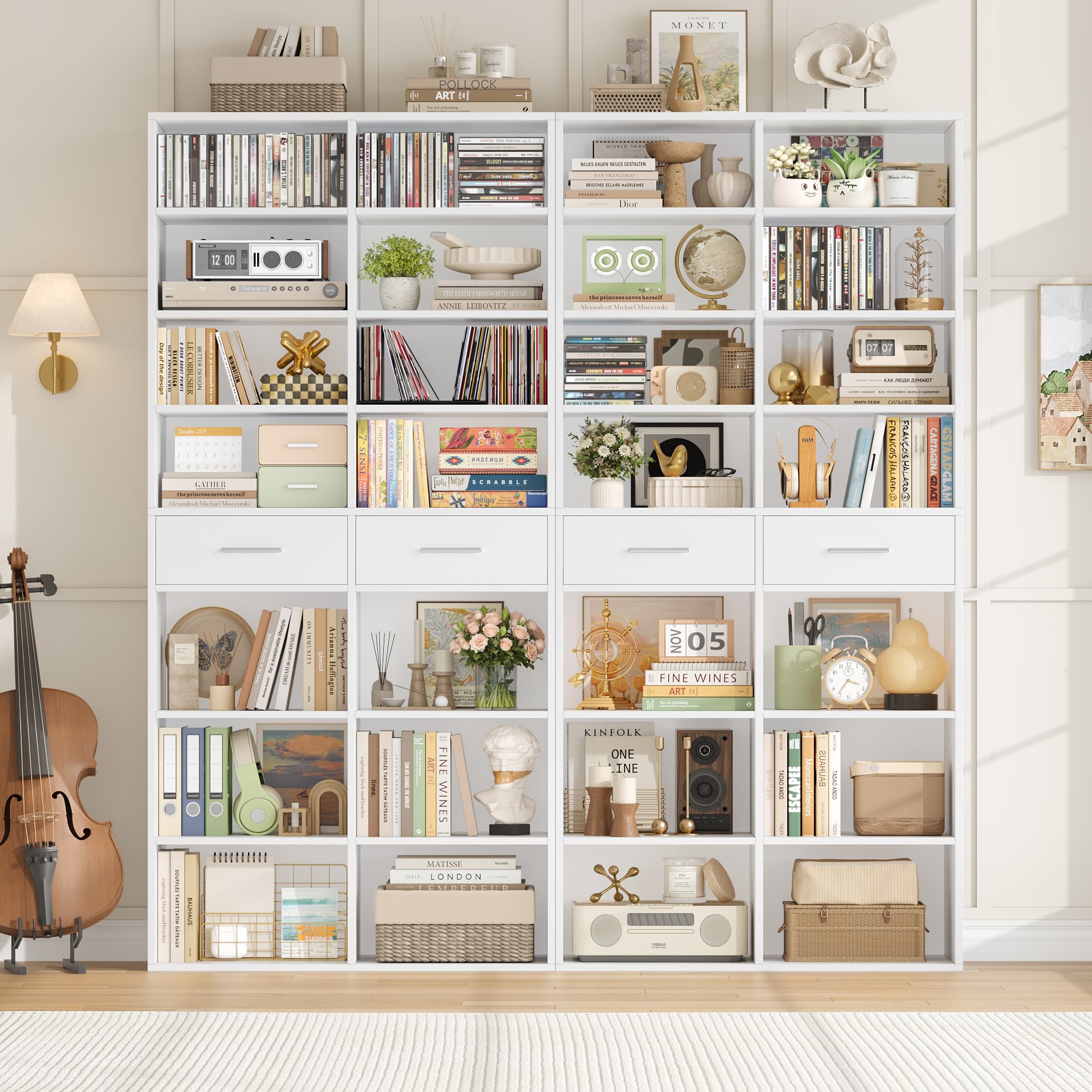 HOCSOK Bookcase Set of 2 Bookshelf White Bookcase with Drawers 7 Tiers Bookshelf with Adjustable Shelves Free Standing Book Shelf for Living Room Home Office Study 30x80x185cm