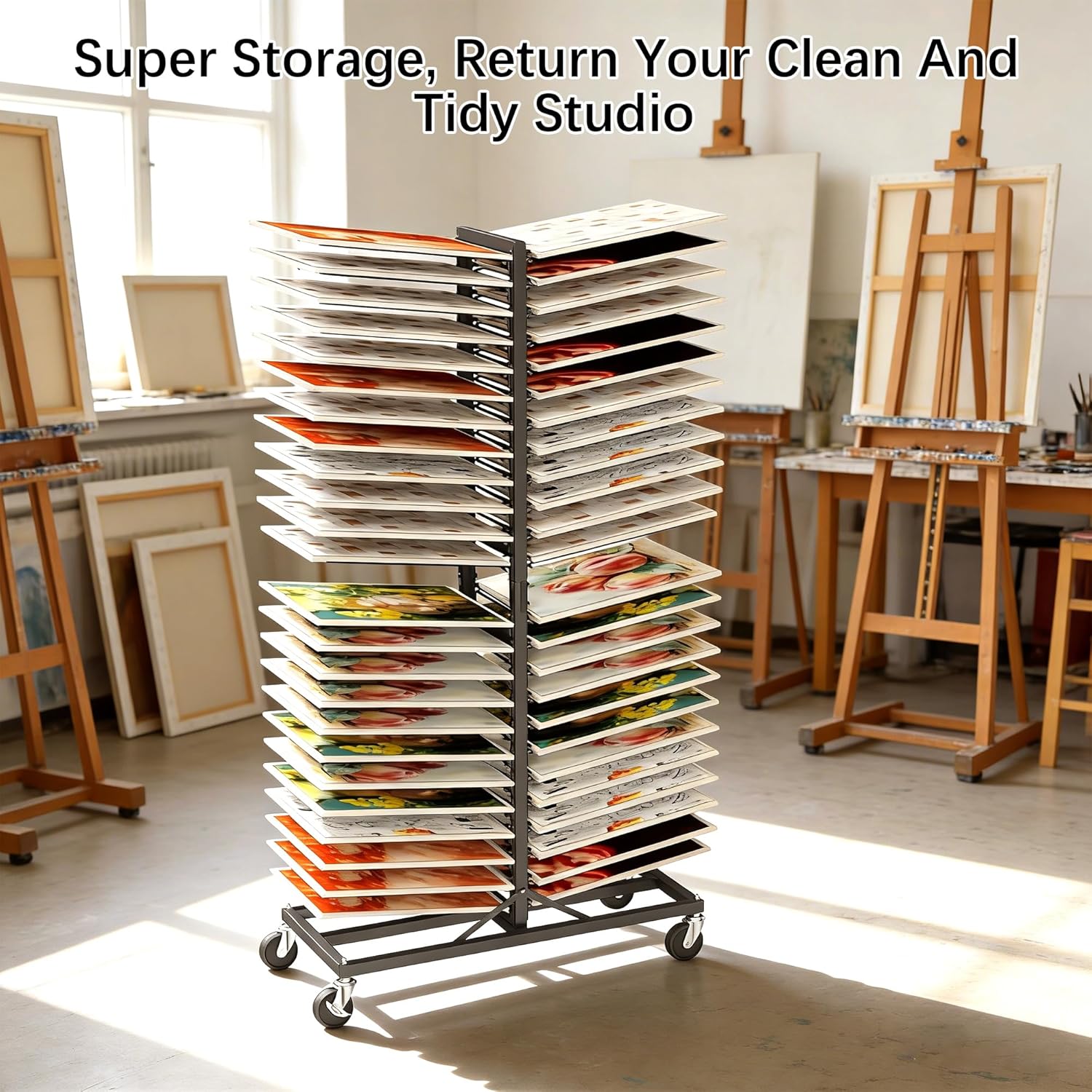 Art Drying Rack,48-Tier Cabinet Door Drying Rack,Vertical Drying Storage Tower with Locking Casters for Classroom,Studio Canvas & Panel Organization
