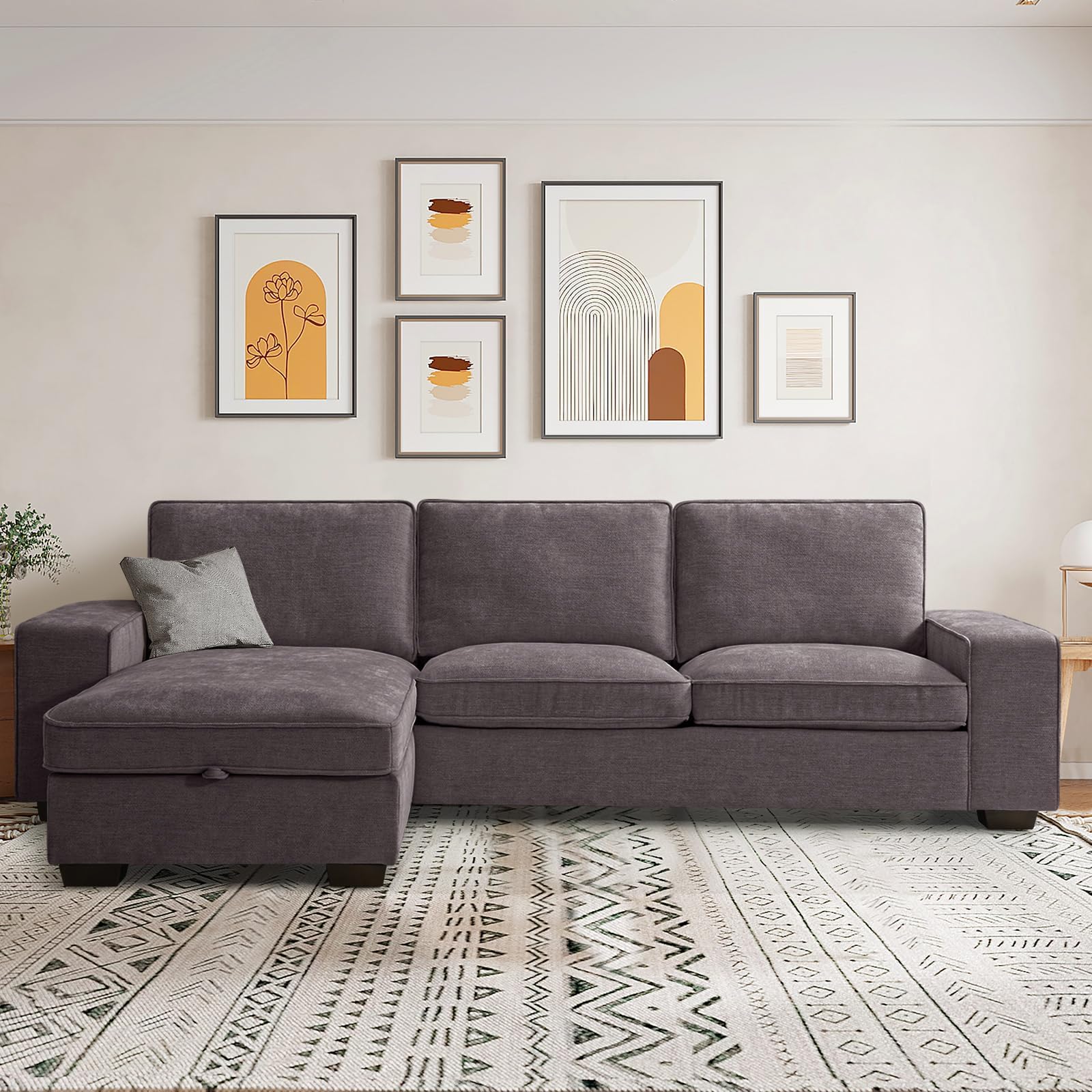 ASHOMELI 99โ Convertible Sectional Sofa,L Shaped Couch,Multi-Functional Reversible Sofa with USB and Type-C Charging Ports, Storage Space, Breathable Fabric (Dark Gray), SF92002