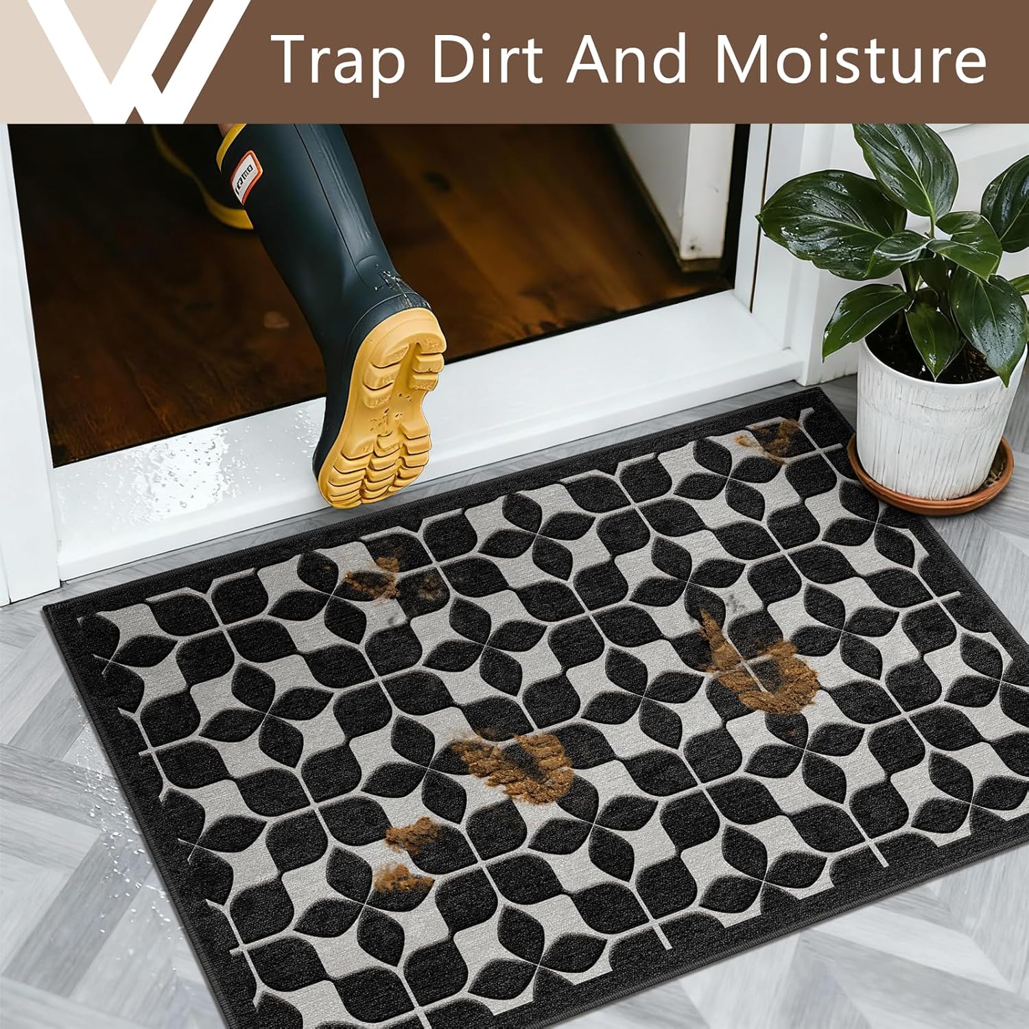 Front Door Mat Indoor Outdoor Entrance 17''x29.5'' Washable All-Weather Black Floral Doormat Stain and Fade Resistant Non-Slip Low Pile Easy Clean Patio Porch Floor Mat 1'5"x2'6" Small Rug