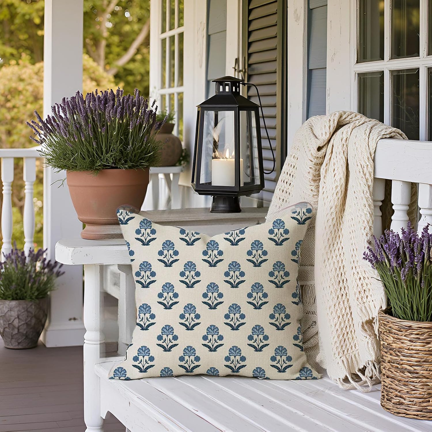 PANDICORN Floral Throw Pillow Covers 18x18 Inch Set of 2 Blue and White Flower Vintage Outdoor Spring Summer Farmhouse Decorations Decorative Cushion Cases for Home Living Room Sofa Couch Porch Decor - Image 3