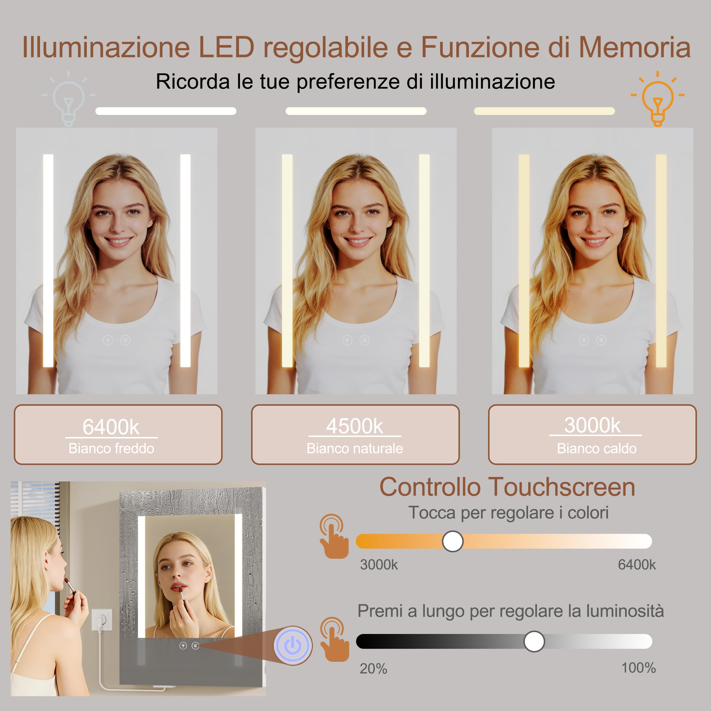 Specchio Bagno Contenitore con 3 Colori Luce e 1 AC/2 USB, Armadio Specchio Bagno con Deumidificazione con 1 Tocco e Funzione di Memoria & con Mensola Regolabile(50x70x15cm,Bianco)