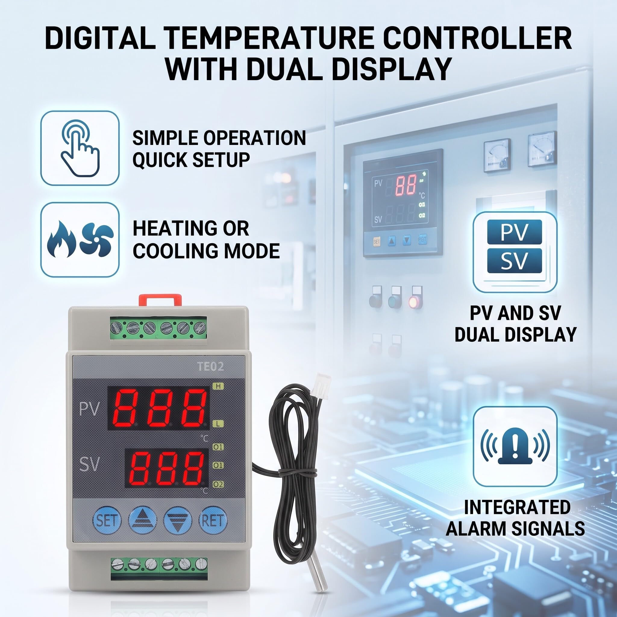 Microcontrolador de Temperatura en Carril DIN, Módulo Termostato con Pantalla Digital con Alarma, Temporizador, Relé, 10A 250VAC, 10K 3950, Modelo TE02