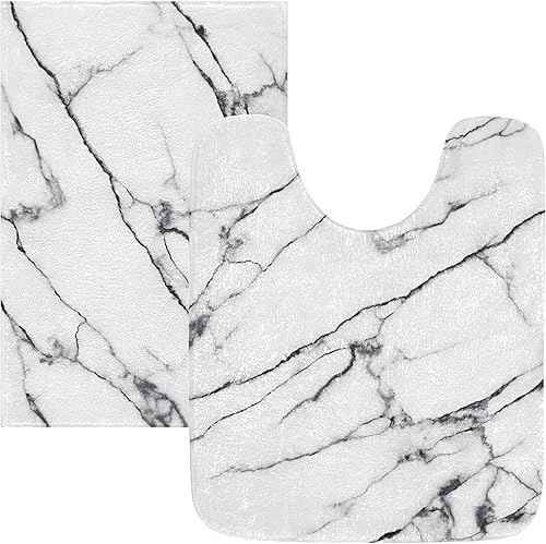 Miniatura 6 de ALAZA Alfombra de baño con textura de mármol blanco en forma de U para baño, alfombra de contorno, esponjosa y absorbente, absorbente y lavable a