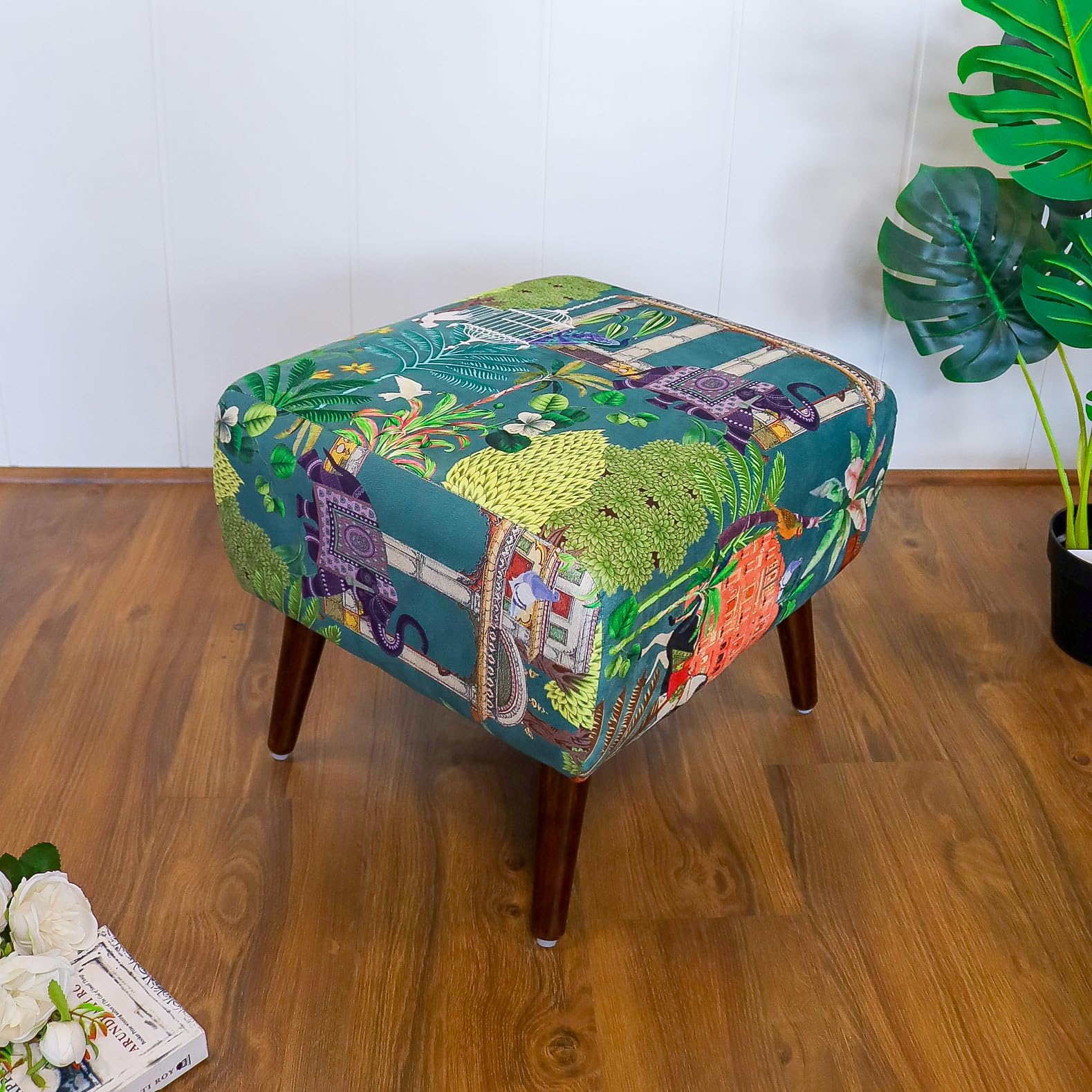 The Artage Puffy Stool for Living Room Sitting Green Printed Premium Foam Cushioned Pouffe Ottoman for Foot Rest Otman for Home Decor Furniture with 4 Wooden Legs (Floral) (Chirpy Greens)