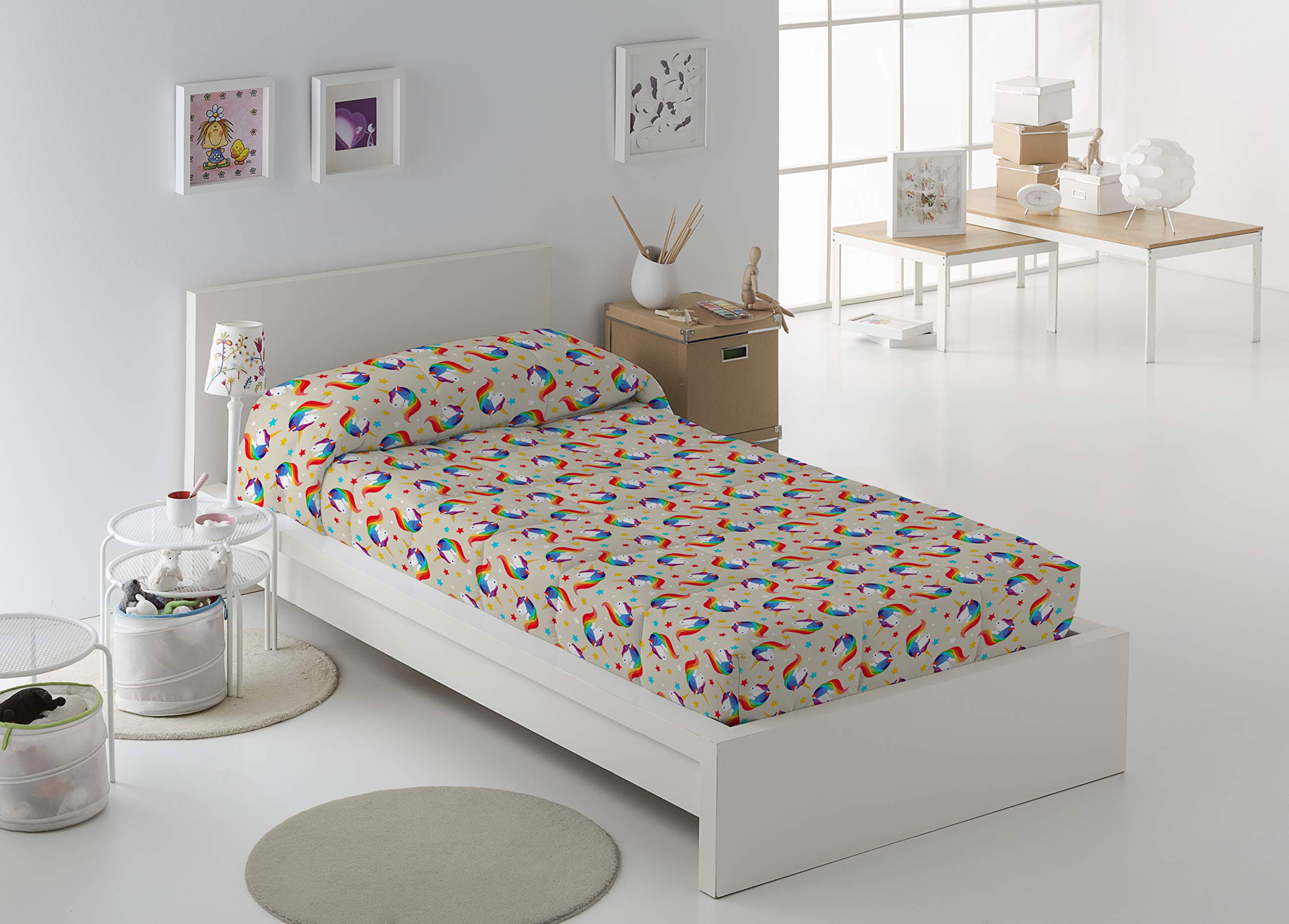 TEJIDOS EL MUNDO EDREDÓN Ajustable Unicornio - Beige, 090 cm.