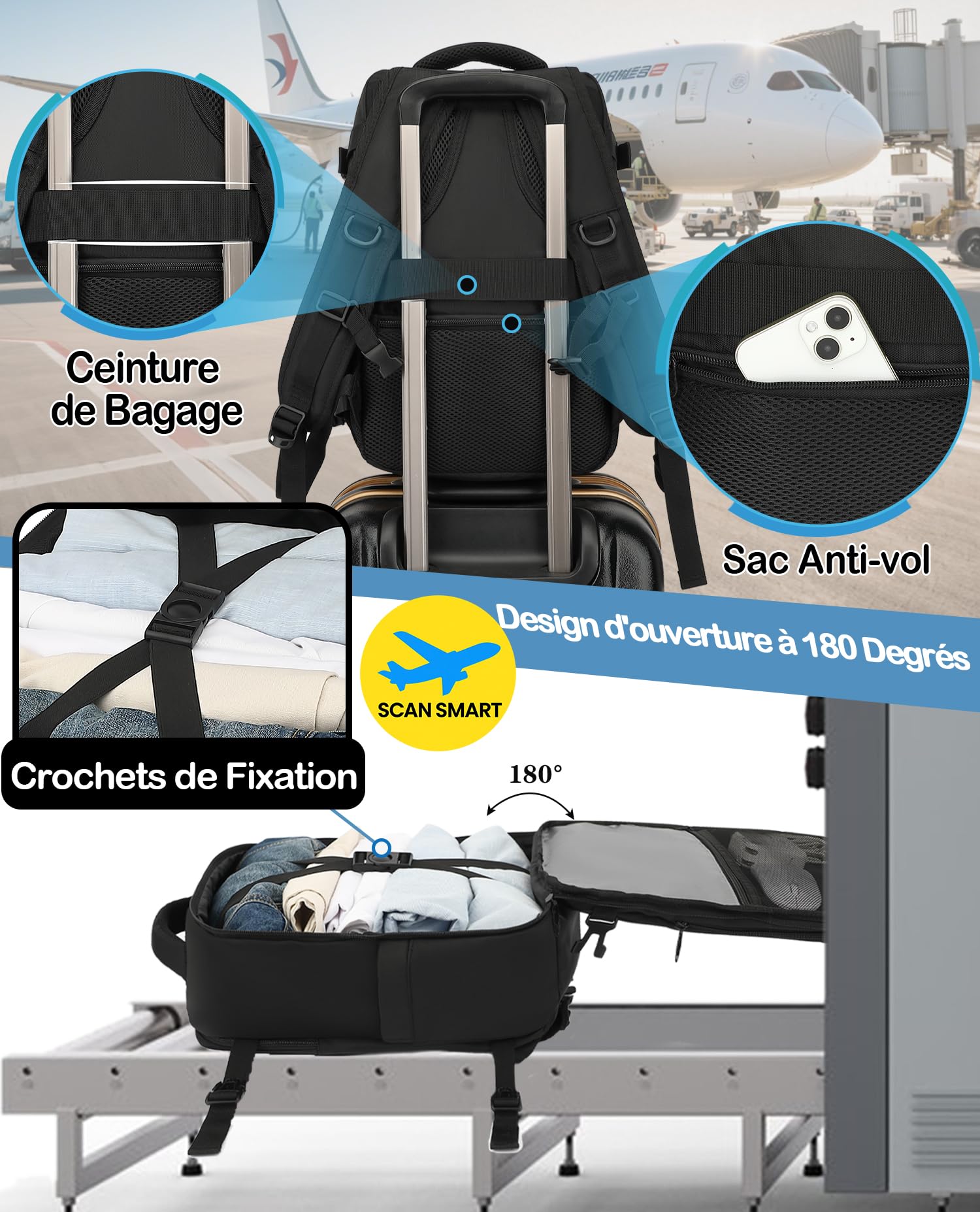 Sac a Dos Voyage Cabine Avion 40x20x25 Bagage Cabine pour Ryanair sous Siège Bagage à Main Petit Sac à Dos 20 L pour Femme Homme Ordinateur Portable 14 Pouces Noir