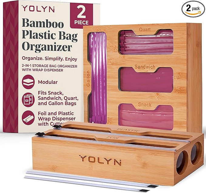 Bamboo Kitchen Storage Bag Organizer, Drawer Organizer with Foil Dispenser, Bamboo Organizer for Sandwich Bags, Plastic Wrap, Baggie and Foil, Premium Kitchen Drawer Organizer