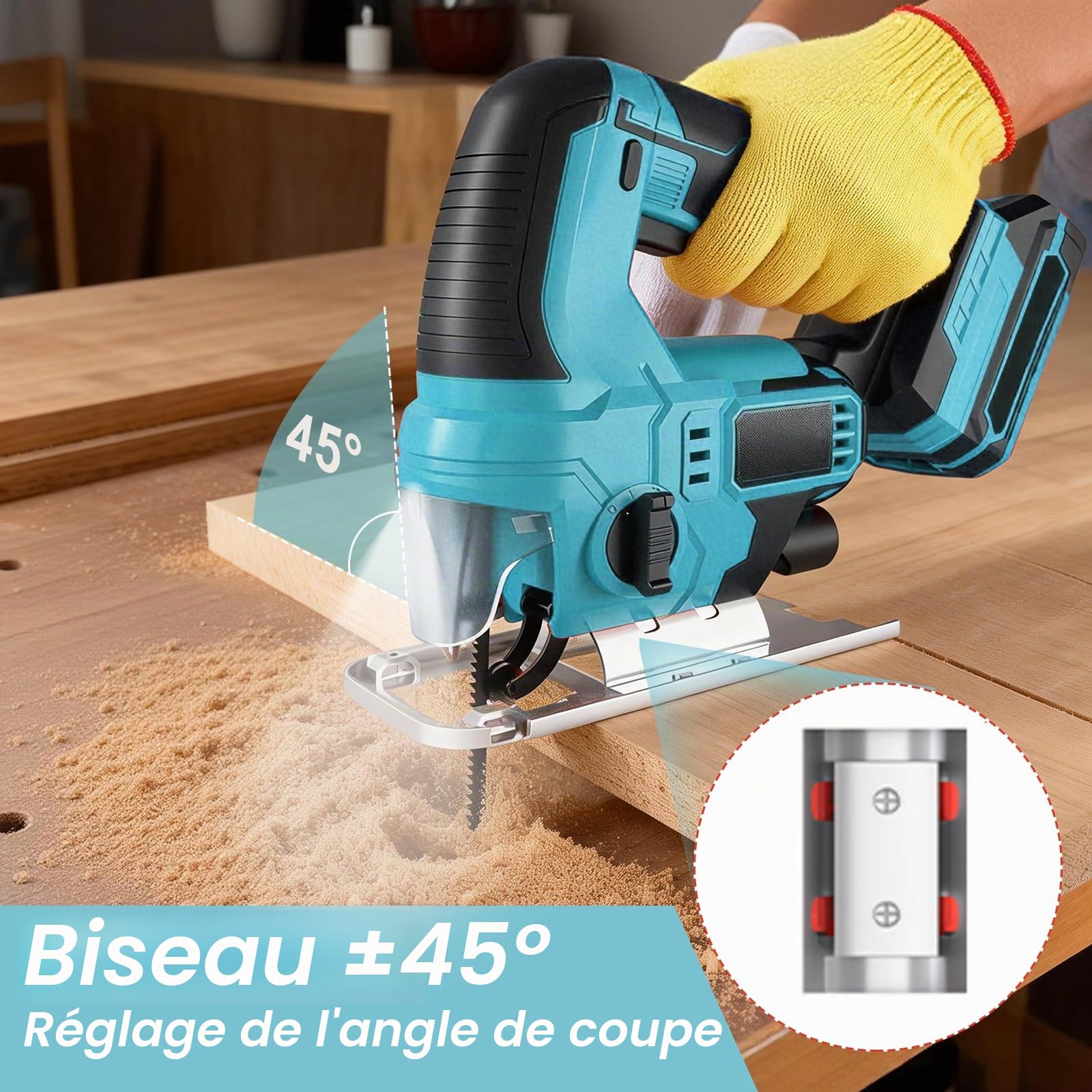 Scie sauteuse sans fil, scie sauteuse électrique avec 2 batteries 2,0 Ah, longueur de course 24 mm, coupes d'onglet ± 45° et LED, pour bois, métal, plastique, compatible avec batterie Makita 18 V
