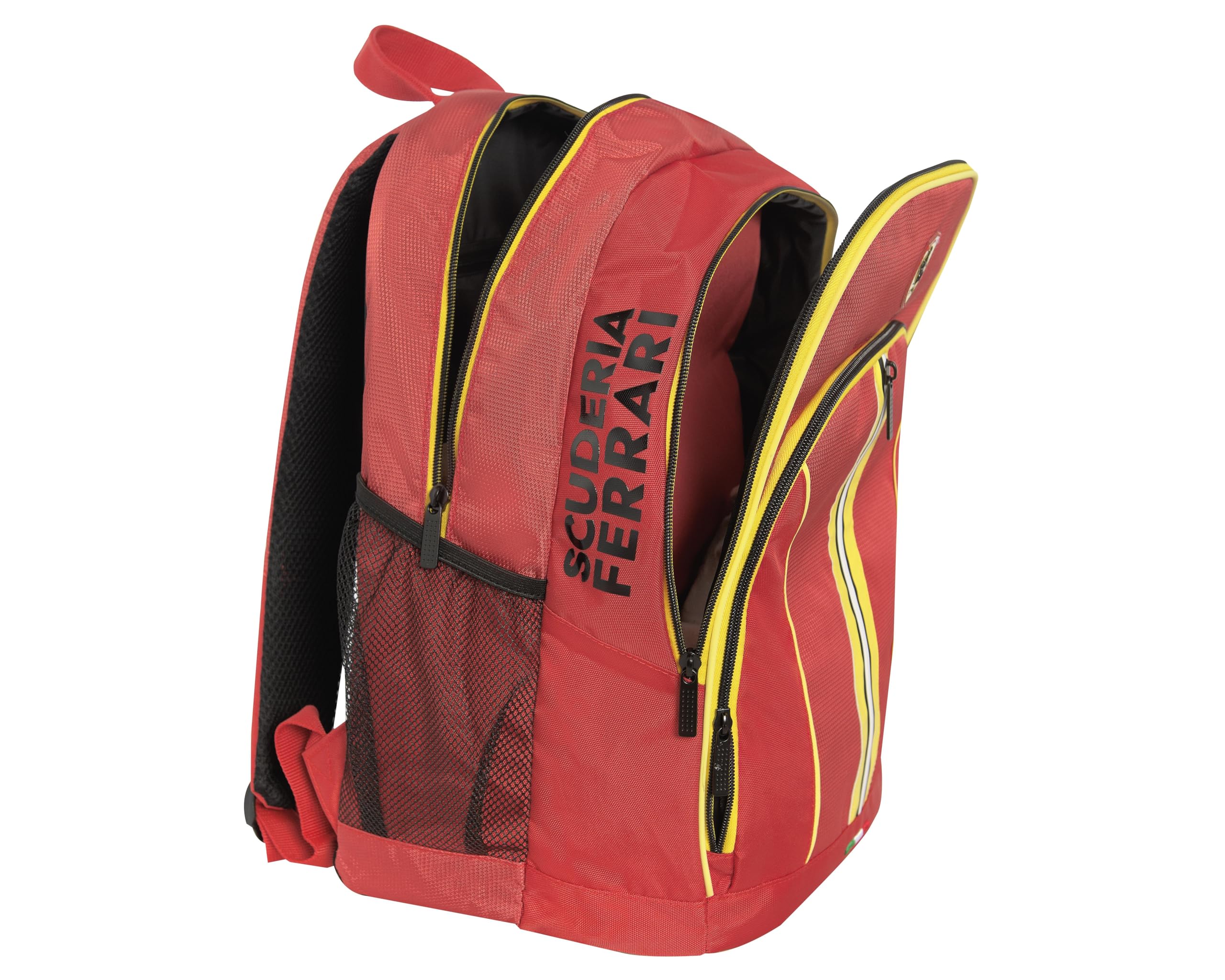 FERRARI KIDS - Zaino Scuola Ufficiale Ferrari per Bambini, con 2 Ampi Spazi Centrali e 2 Tasche Frontali con Chiusura a Zip, Spallacci Regolabili e Imbottiti, Schienale Imbottito, 32x43Hx23 cm, Rosso