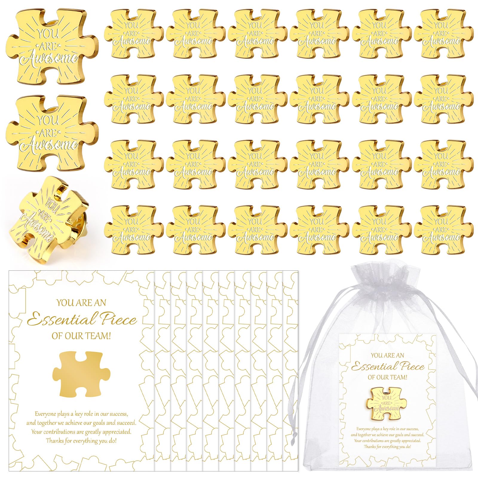 15/30/50 Set Employee Appreciation Gifts Team Puzzle Piece Lapel Pins with Thank You Cards Organza Bags Employee of the Month Badge Brooch Bulk Inspirational Small Gifts for Coworker Staff (50)
