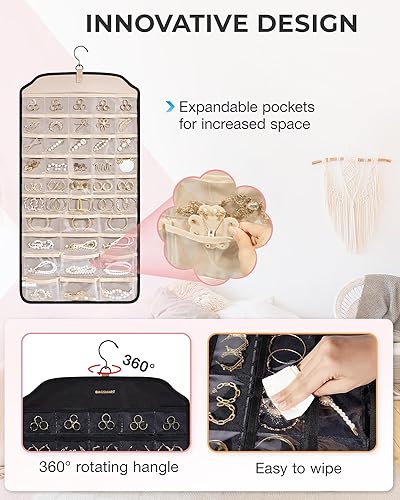 Miniatura 3 de BAGSMART Organizador colgante de joyas, organizador de accesorios, organizador de aretes de 68 bolsillos para sostener joyas en la pared, extra