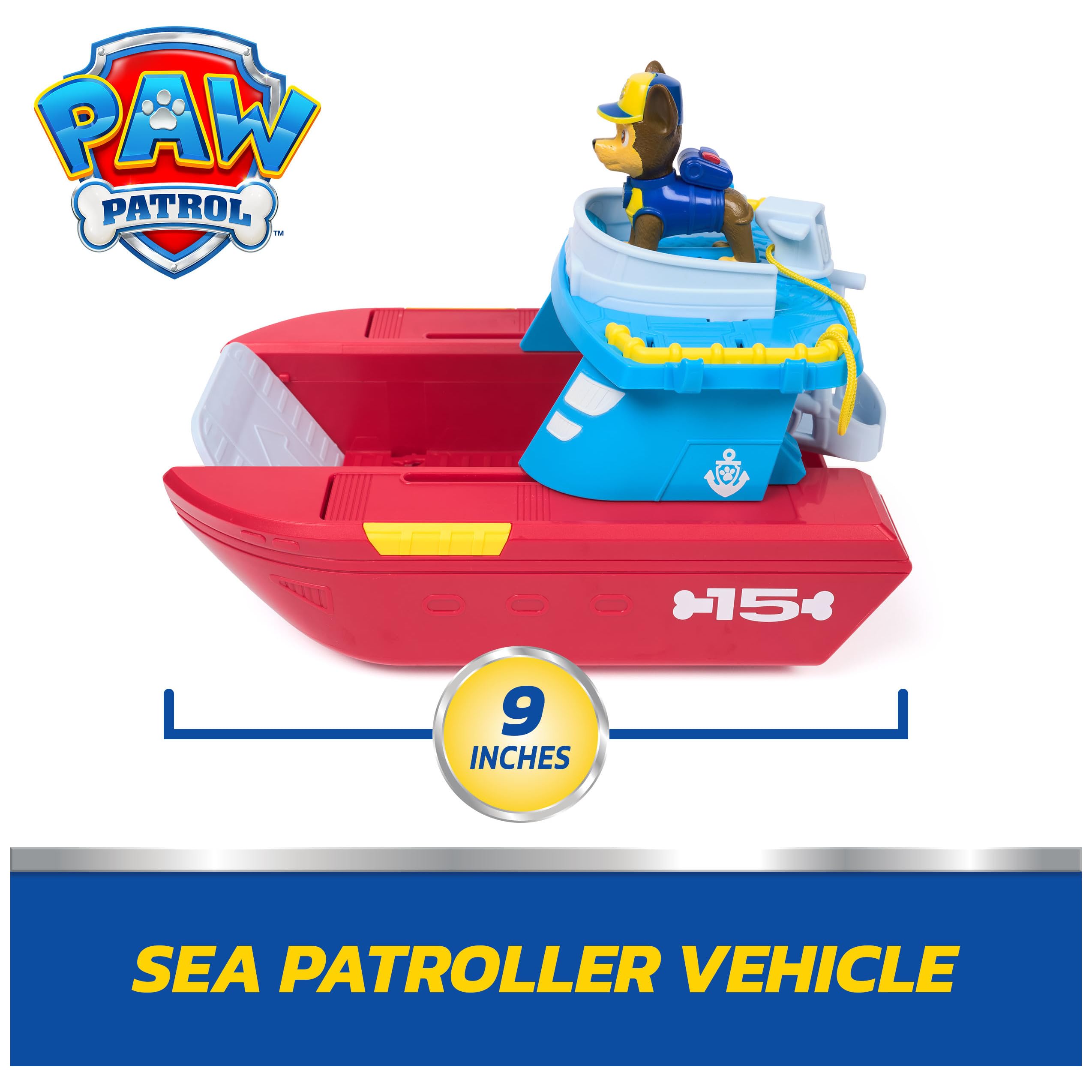 PAW PATROL – Sea Patroller Rettungsboot mit Chase Figur und Hai, ca. 23 cm, 2 Einsatzmodi Wasser & Land, für Kinder ab 3 Jahren