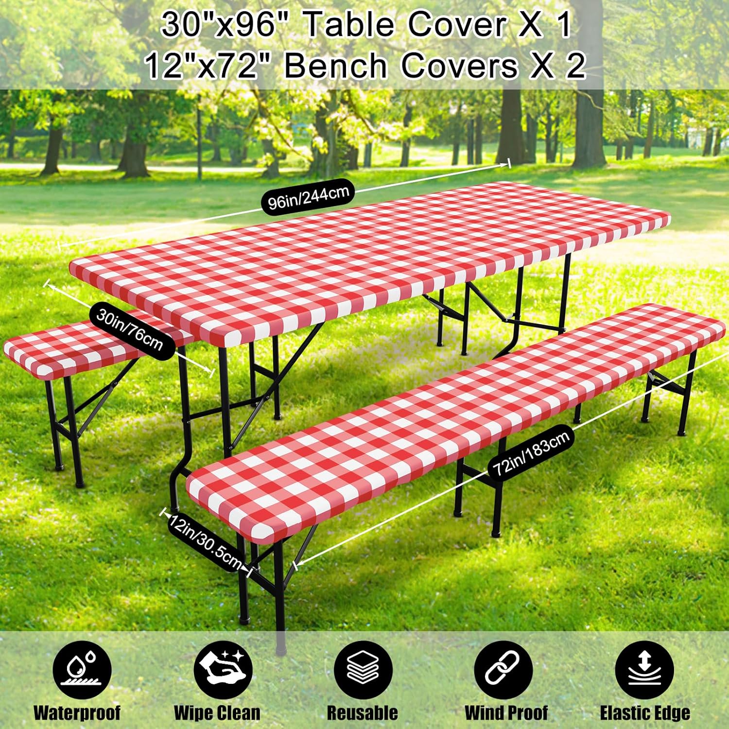 Smiry Picnic Table Cover with Bench Covers, Waterproof Elastic Fitted Tablecloths for 8 Foot Rectangle Tables, Washable Buffalo Plaid Tablecloth for Camping, Outdoor & Christmas (Red & White, 30"x96")