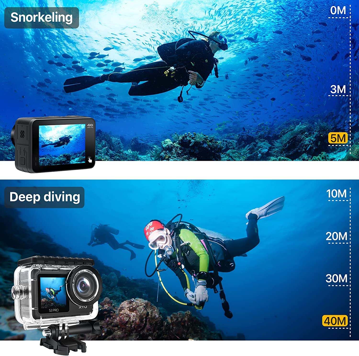 2022 Upgrade】XTU S3 Pro Action Camera 4K30FPS 20MP, Waterproof