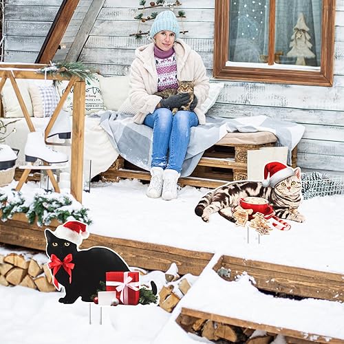 Miniatura 5 de Suzile 8 carteles de Navidad para patio con estacas de gato con estacas, letrero de césped de Navidad con temática de mascotas, estacas de Navidad
